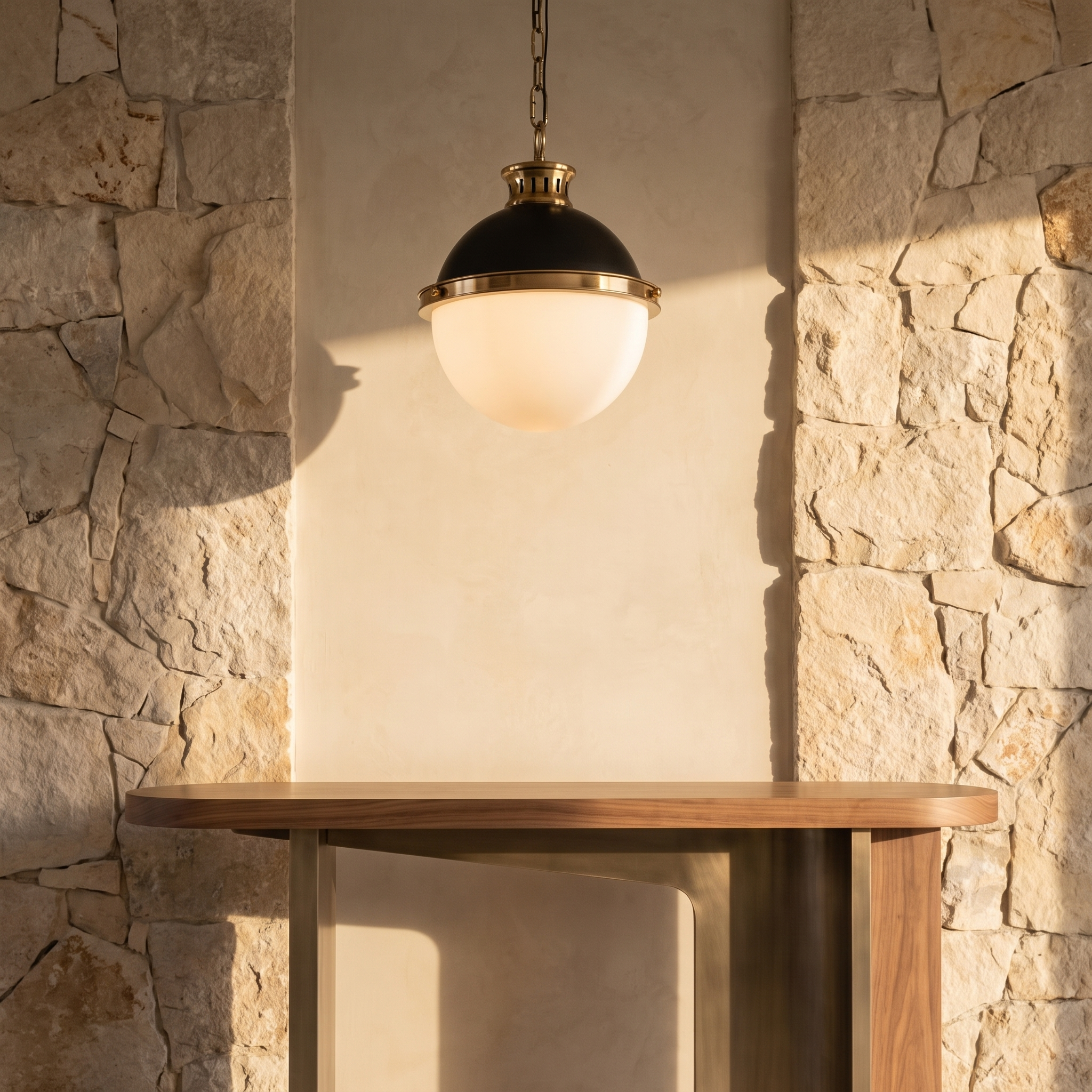 Belmoro opal glass pendant against a textured stone feature wall