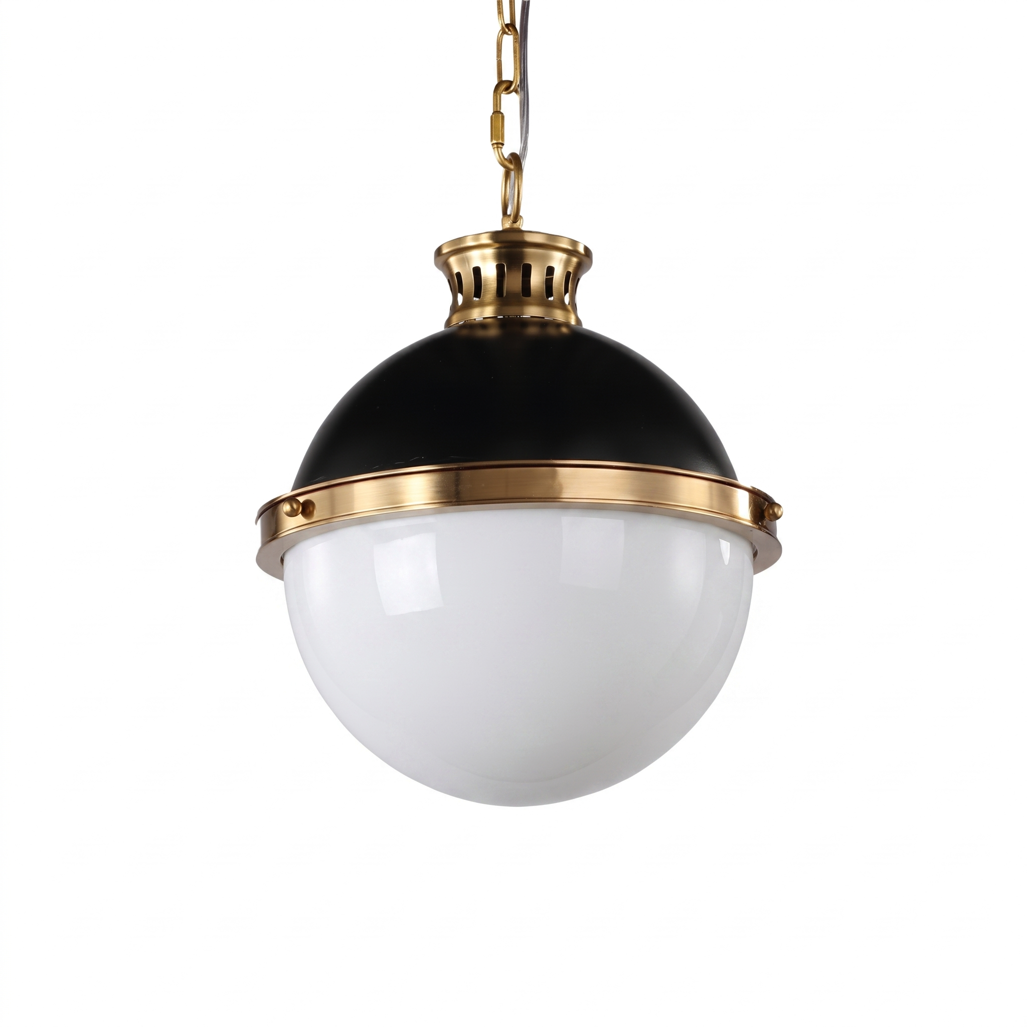 Belmoro pendant light isolated on white with brass accents