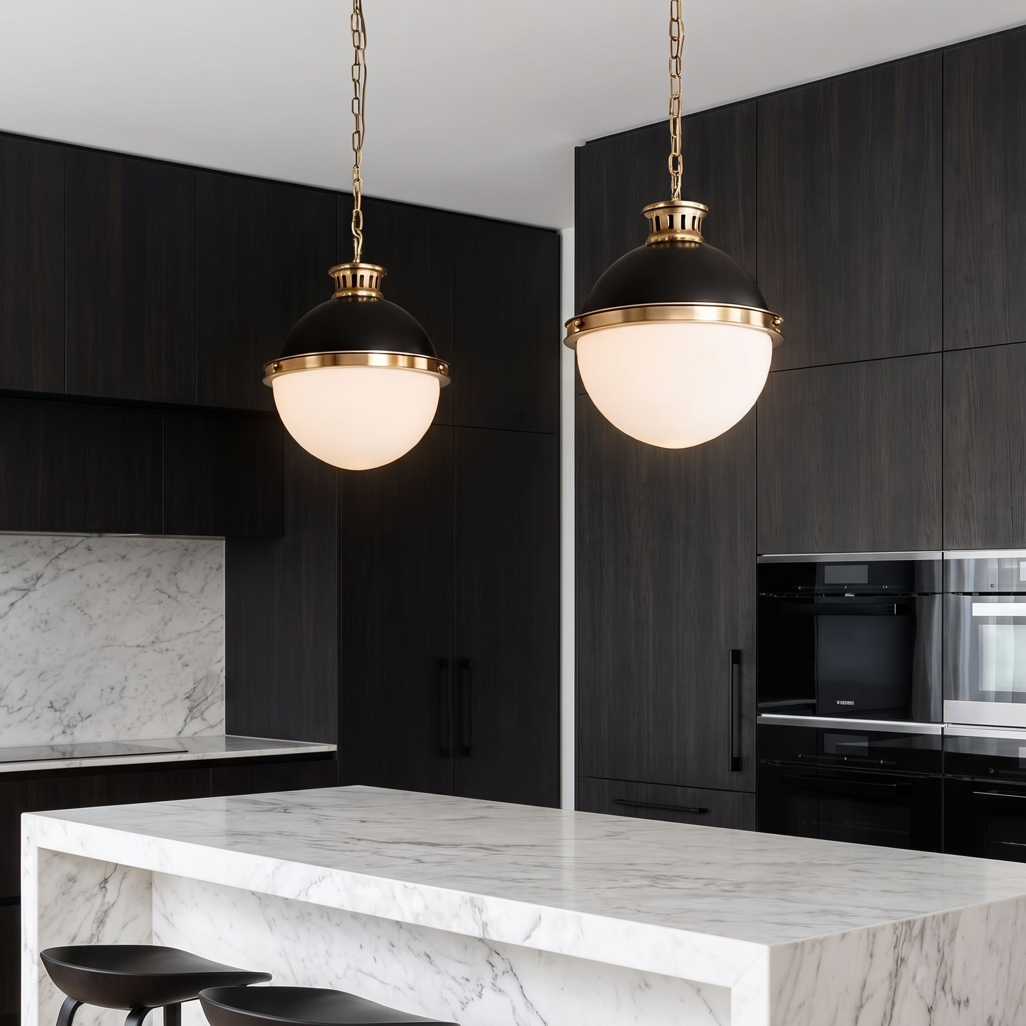 Pair of Belmoro pendant lights above a luxury kitchen island