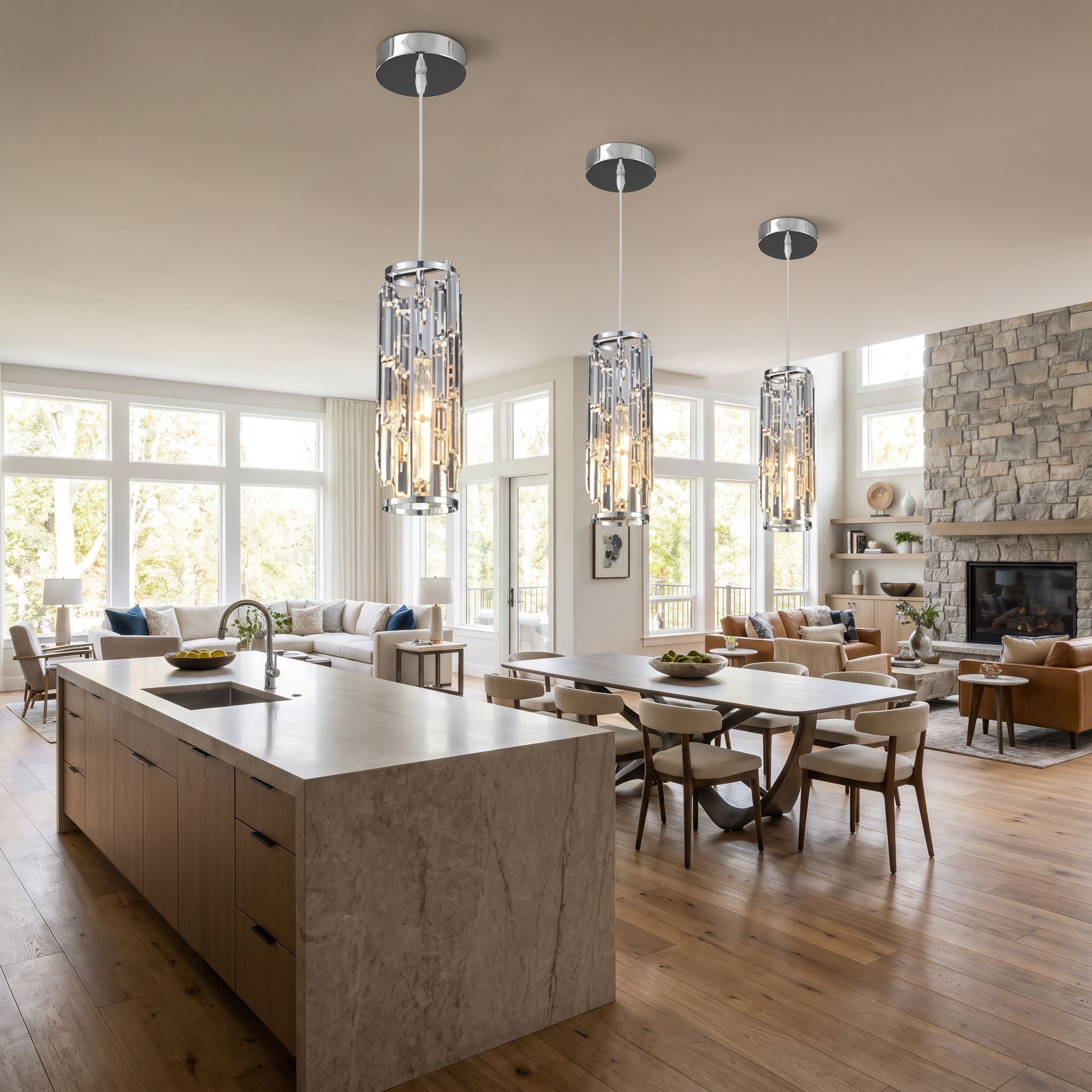 Aurelique crystal pendants in an open-plan luxury kitchen