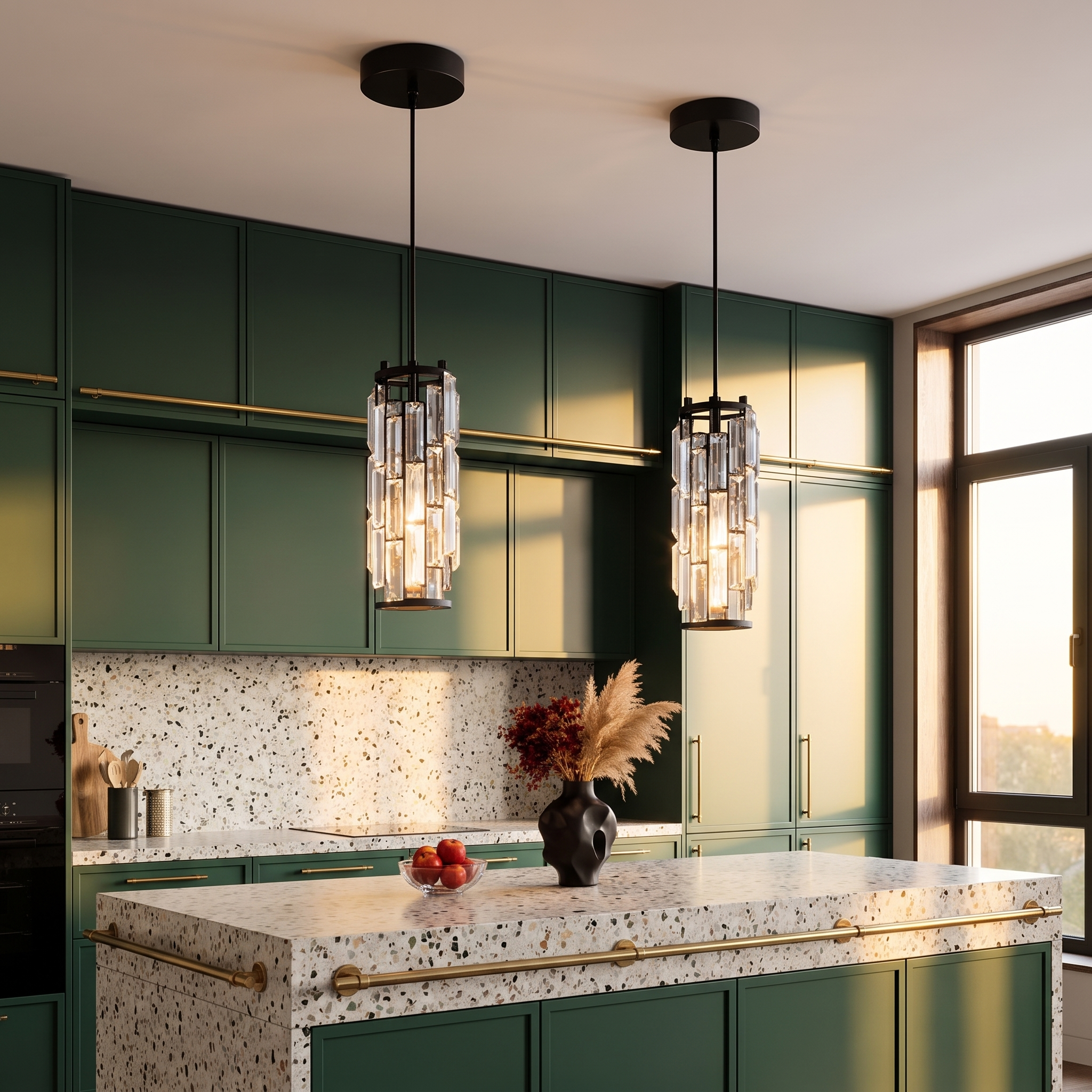 Aurelique crystal pendants over a terrazzo kitchen island