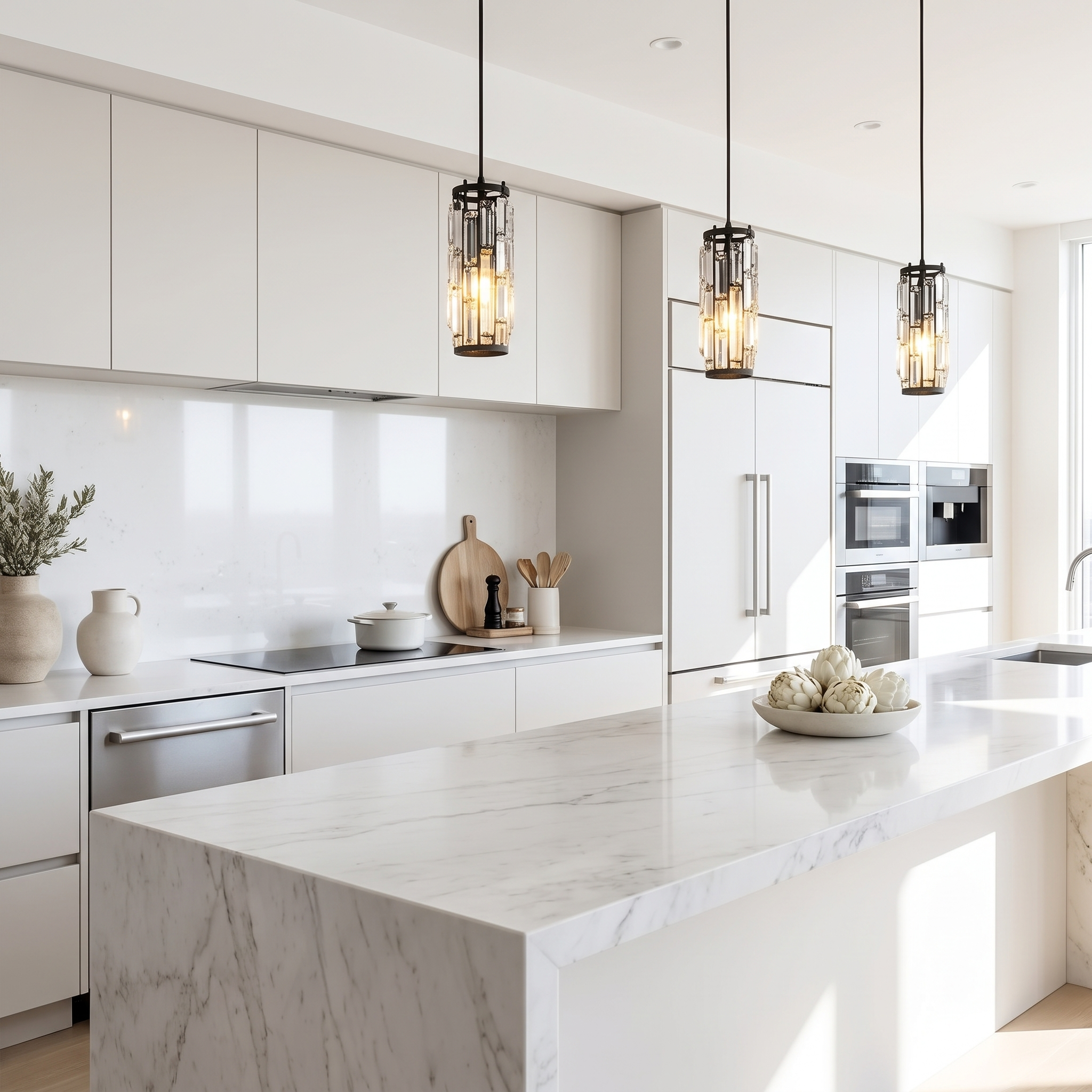 Trio of Aurelique crystal pendants in a modern white kitchen