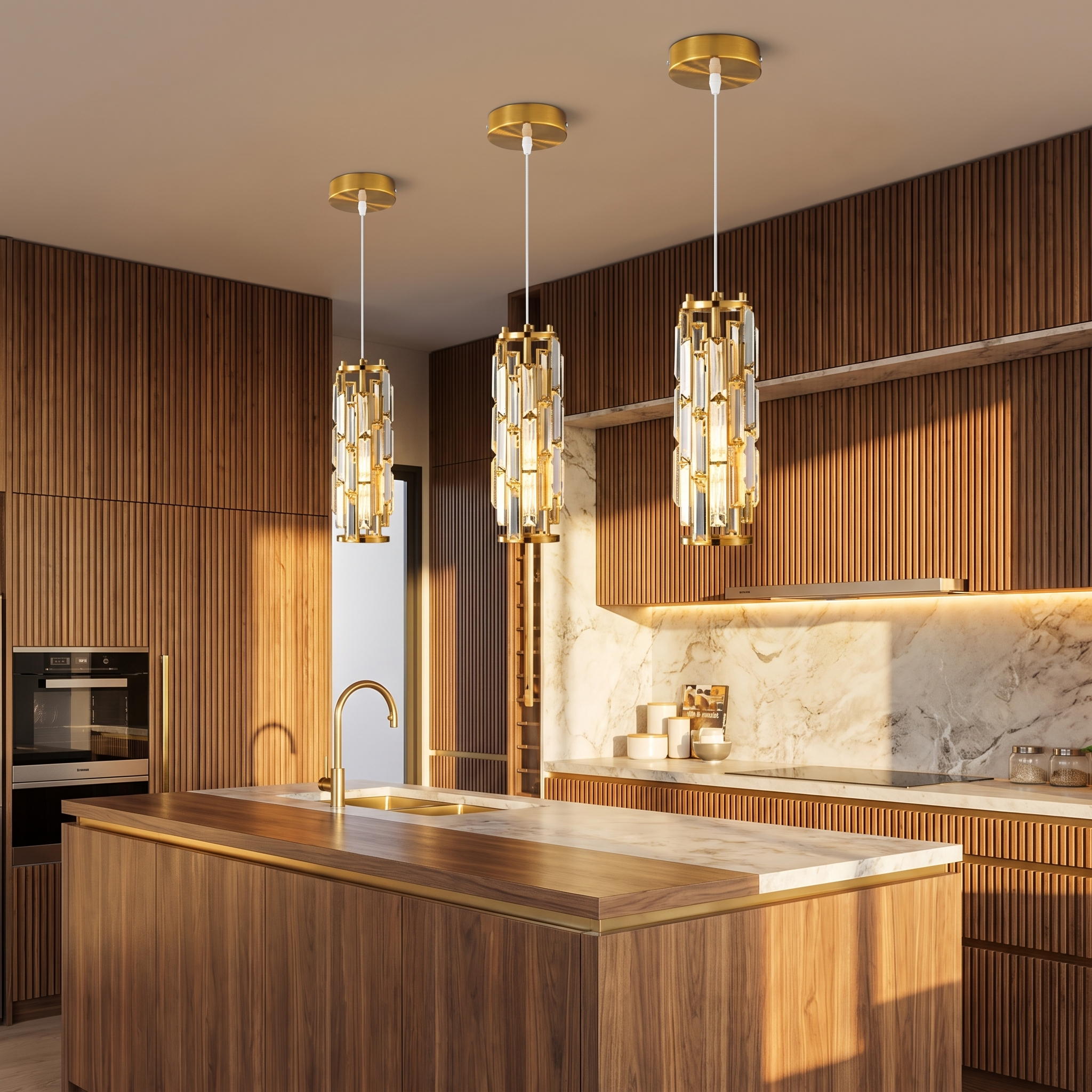 Gold Aurelique crystal pendant lights over a walnut kitchen island