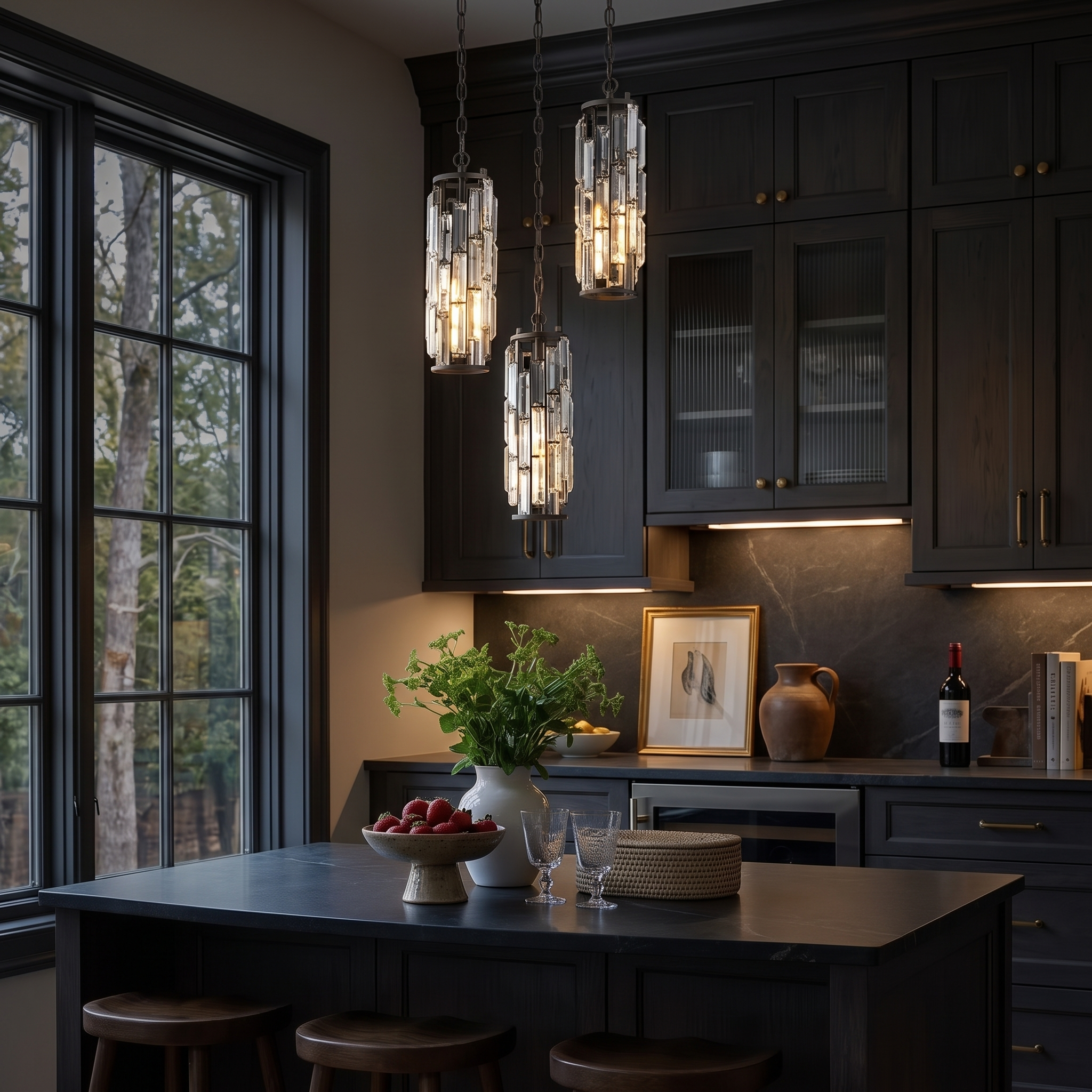 Dark-finish Aurelique crystal pendant in a charcoal dining kitchen