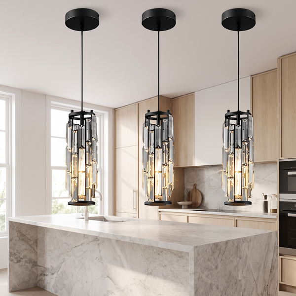 Aurelique crystal pendant light over a marble kitchen island