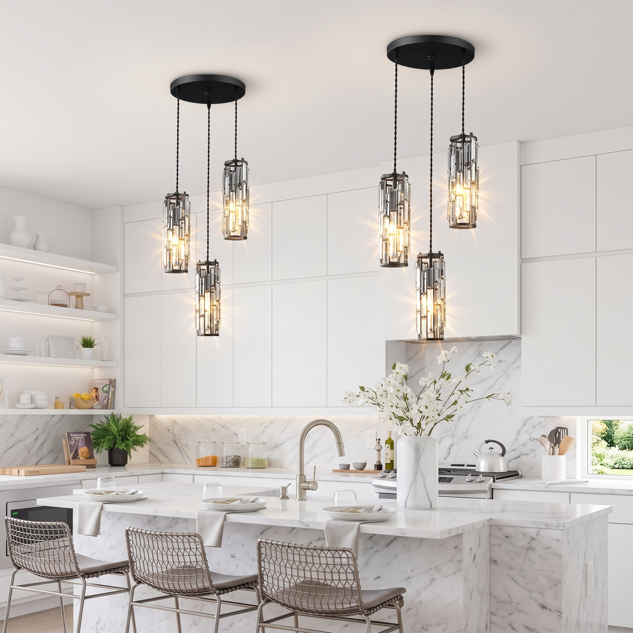 Aurelique crystal pendant lights in a white marble kitchen