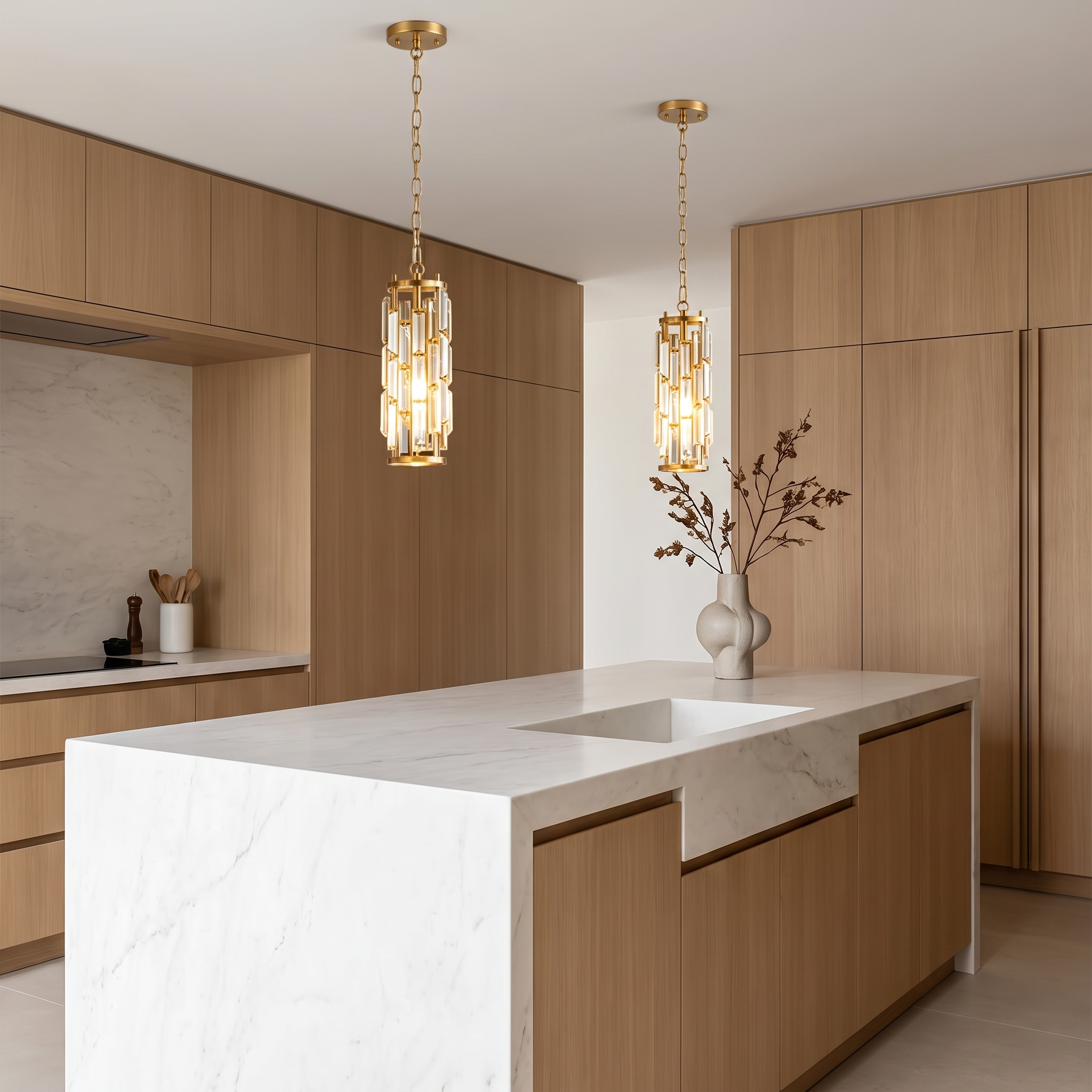 Pair of Aurelique crystal pendants in a minimalist kitchen