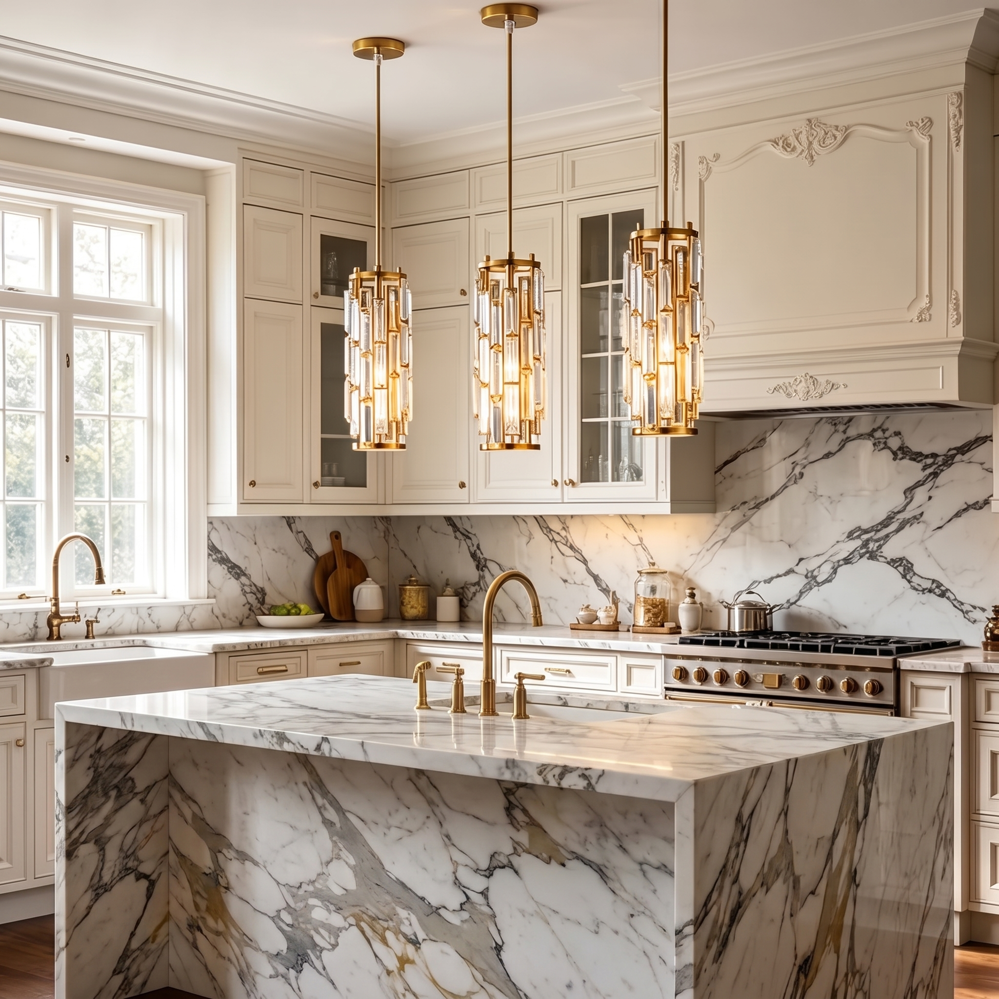 Gold Aurelique crystal pendant above a Calacatta marble island