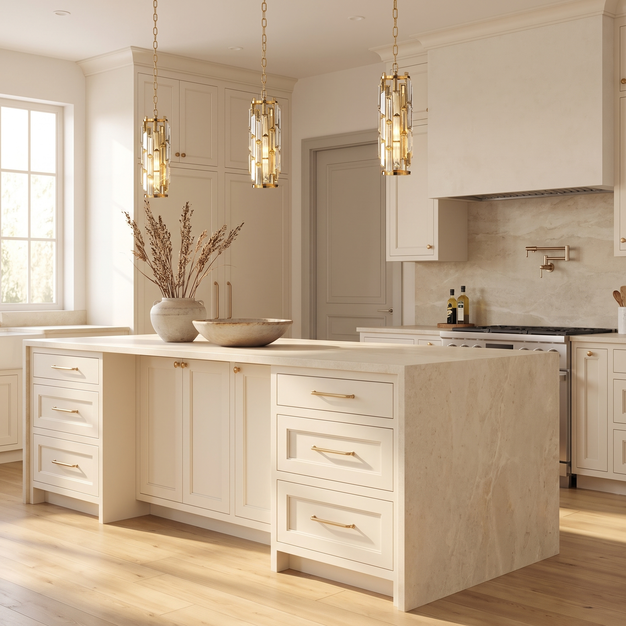 Gold Aurelique crystal pendant over a limestone kitchen island
