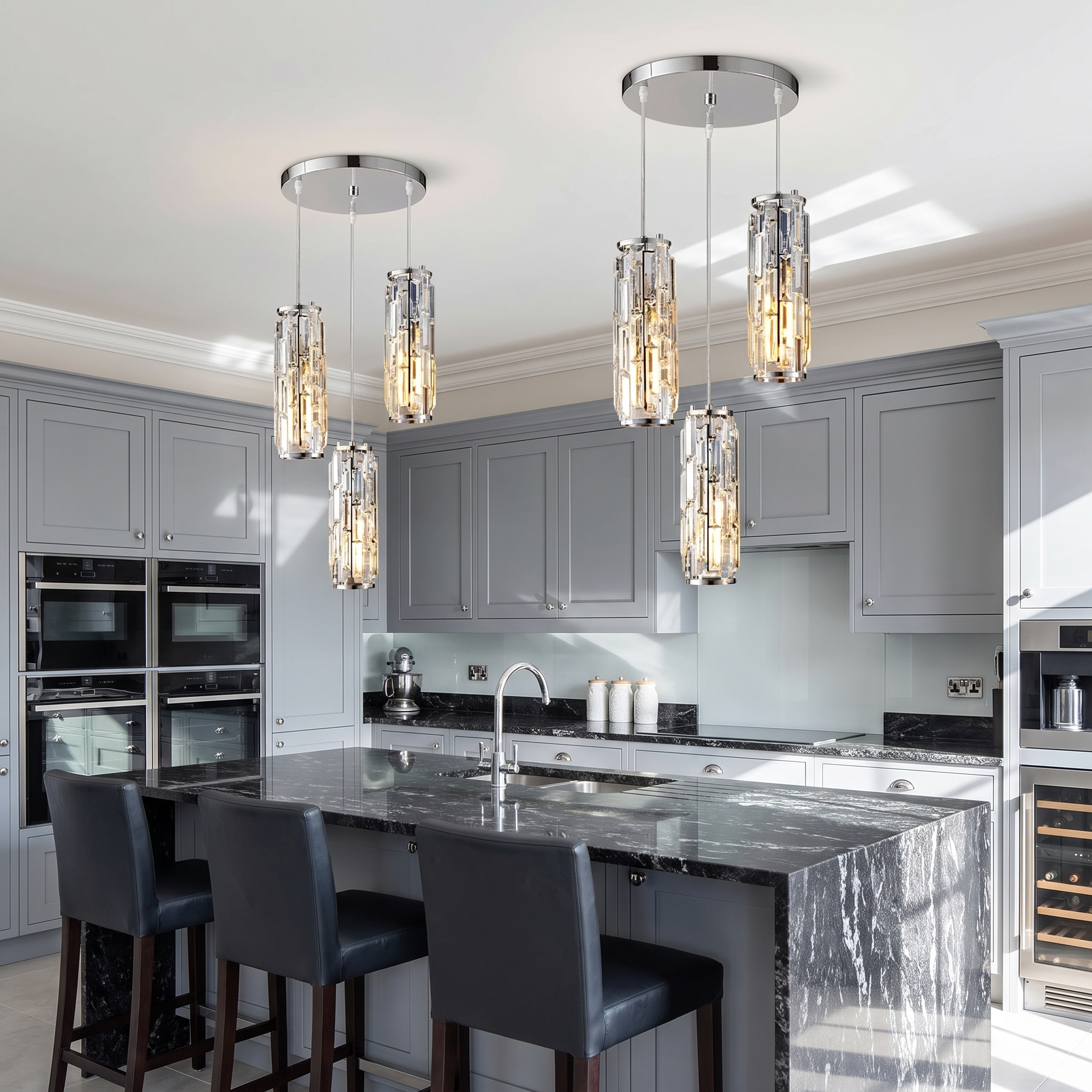 Chrome Aurelique crystal pendants above a granite island