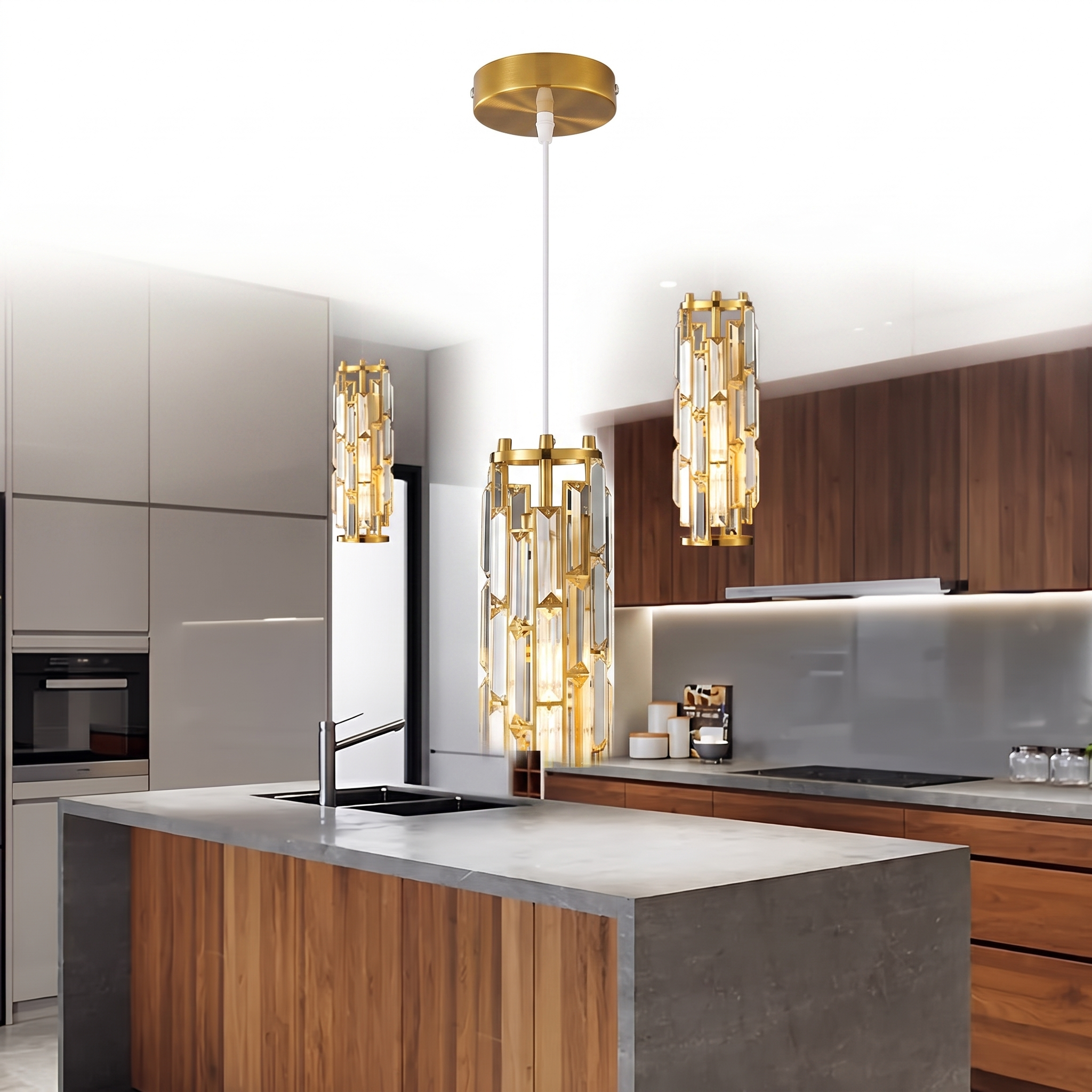 Aurelique crystal pendant light on a pure white background