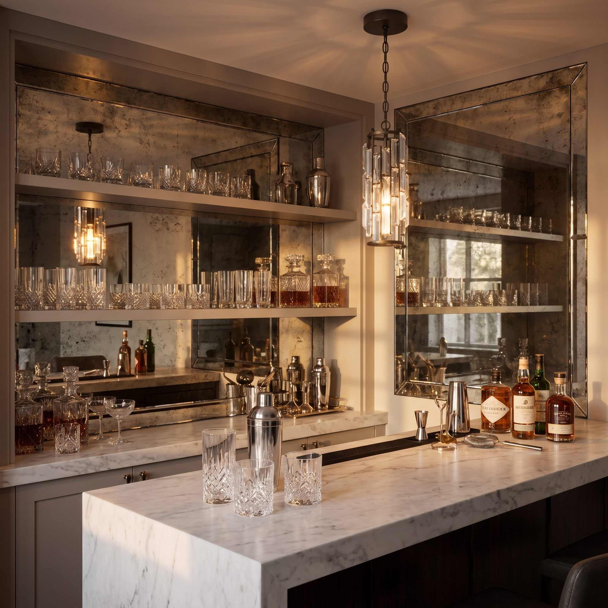 Aurelique crystal pendant above a marble home bar
