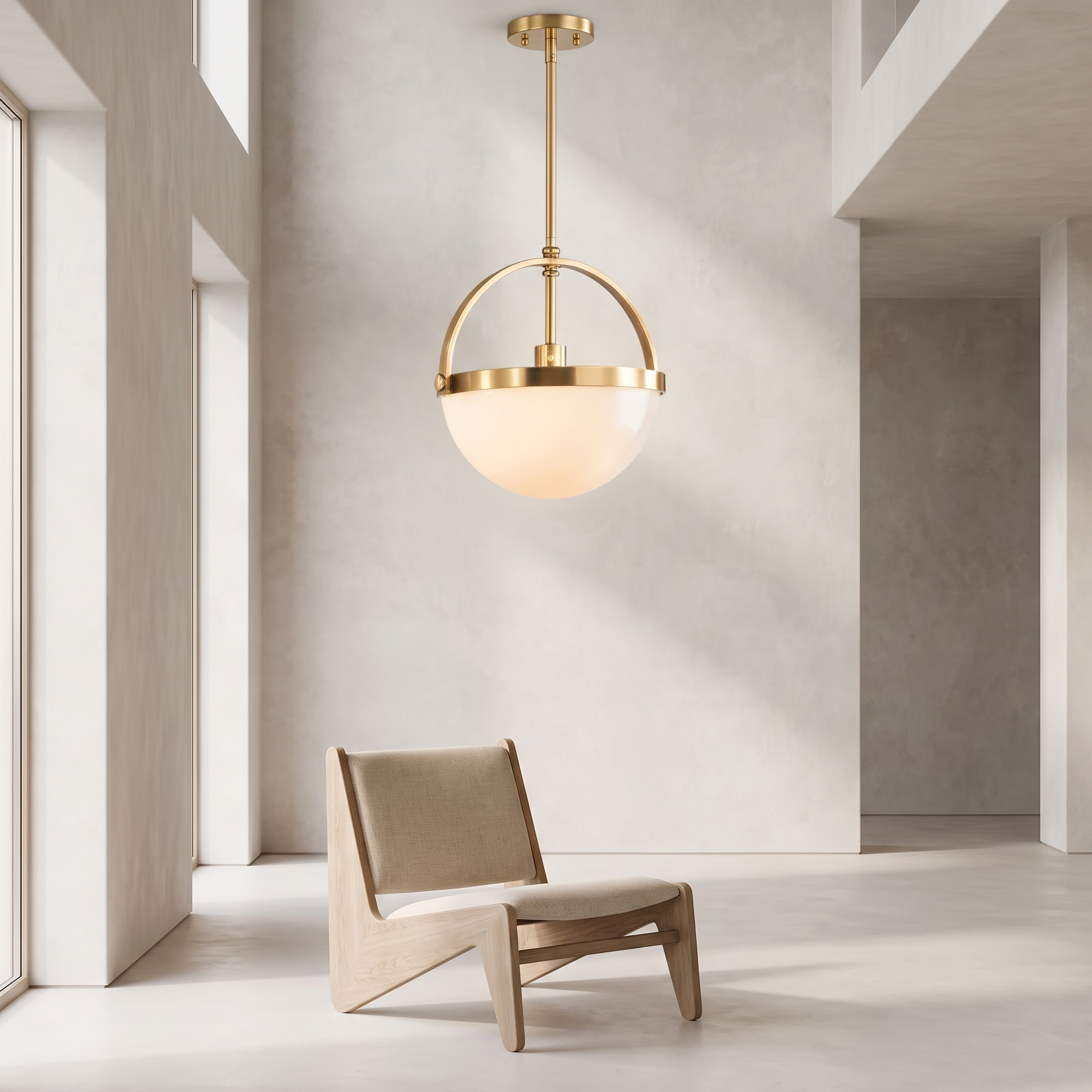 Single Verona opal sphere pendant in an airy minimalist room
