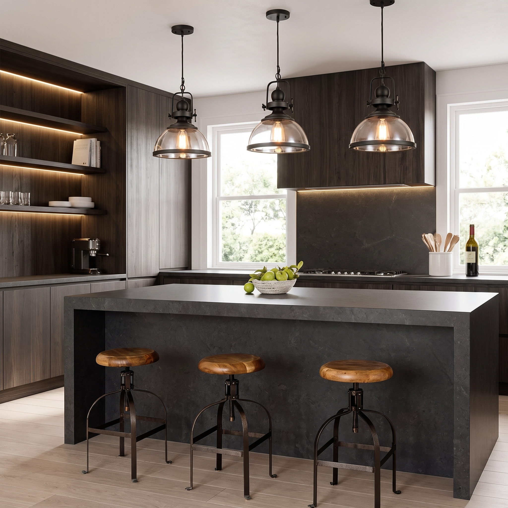 Kestara glass bowl pendant light over a modern kitchen island