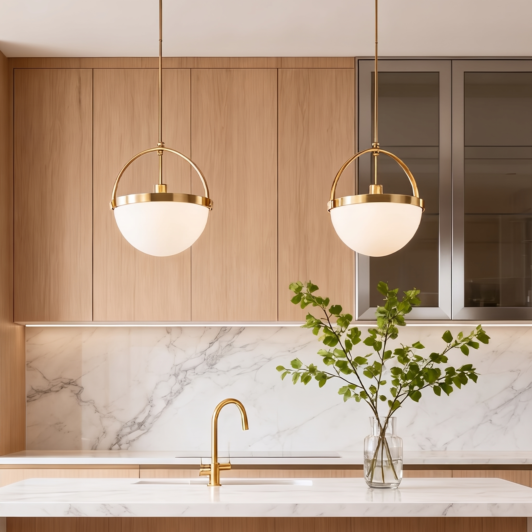 Pair of Verona pendant lights over a marble kitchen island