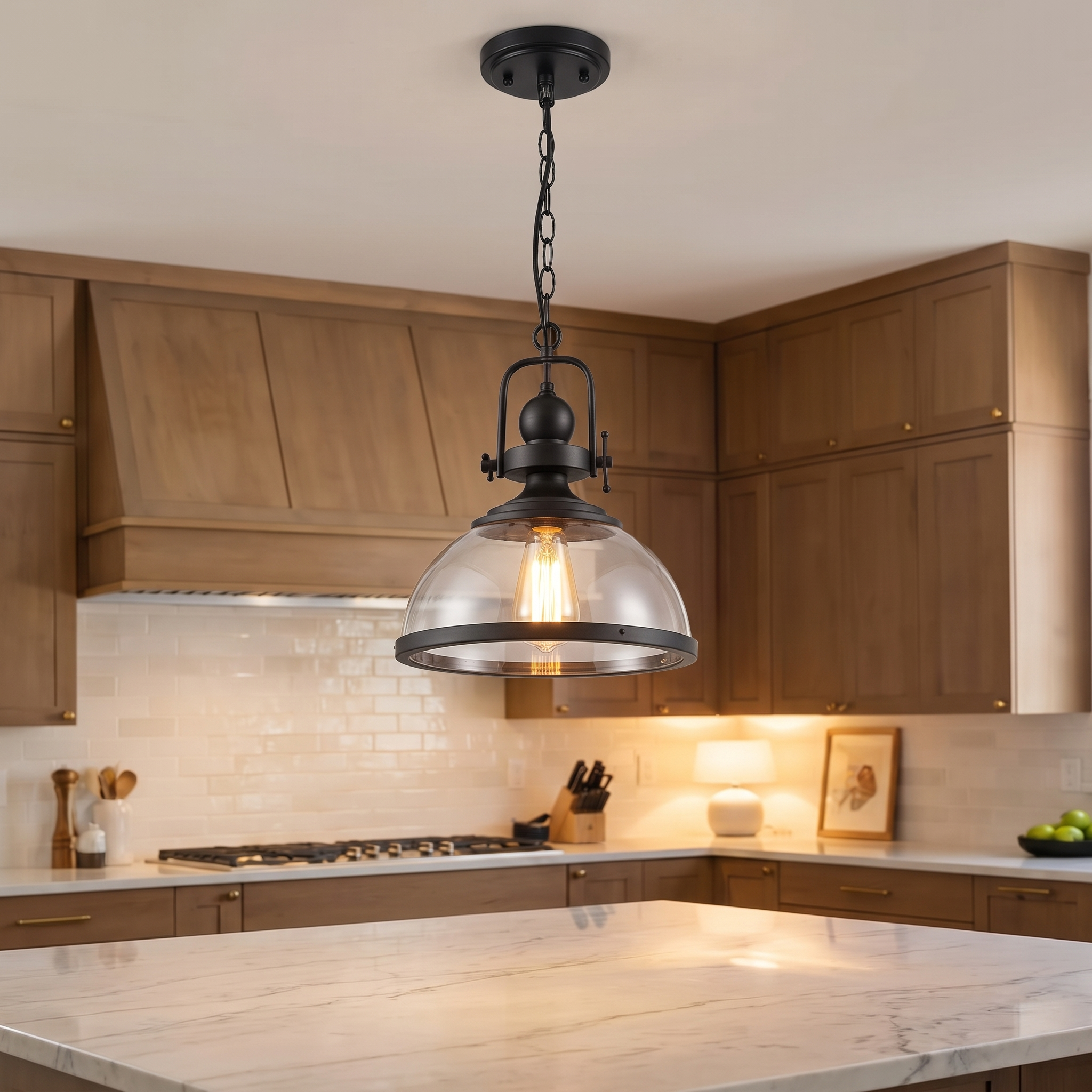 Kestara glass bowl pendant light in a luxury kitchen