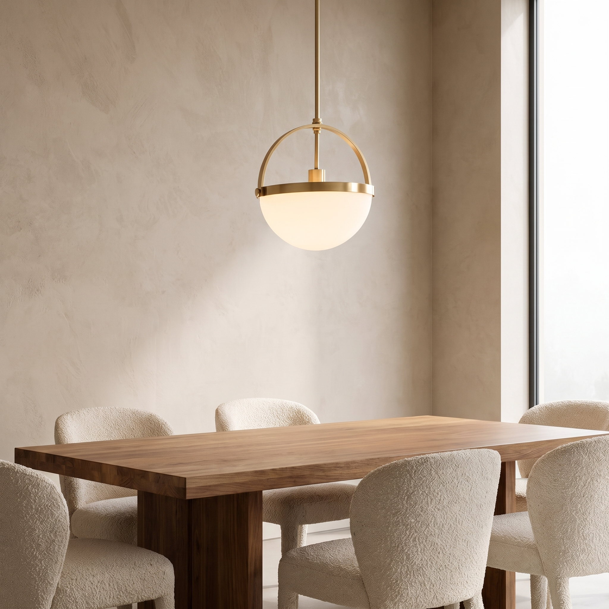 Verona semi-globe opal shade pendant in a dining nook