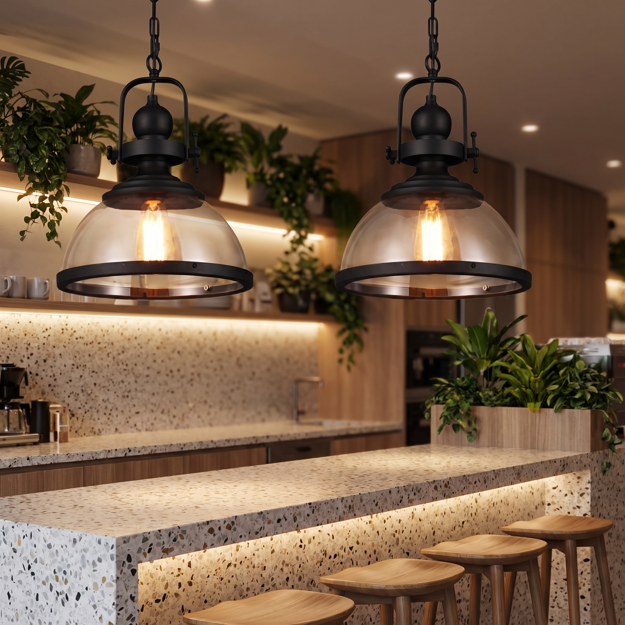 Kestara clear glass pendant lights in a modern cafe-style space