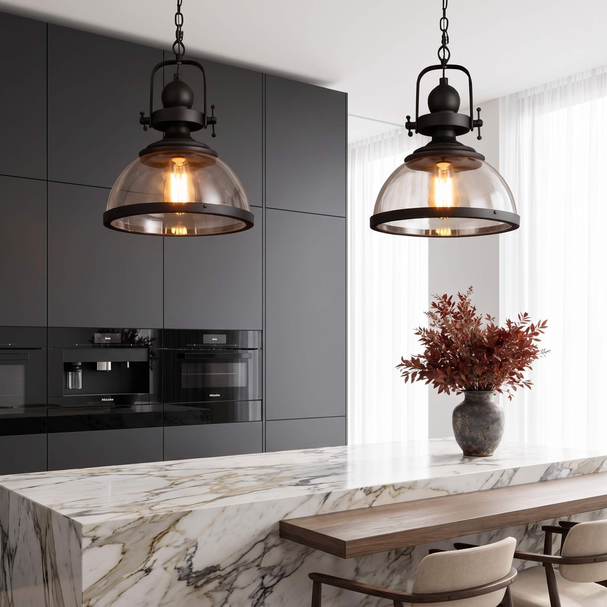 Kestara clear glass pendant lights in a modern marble kitchen