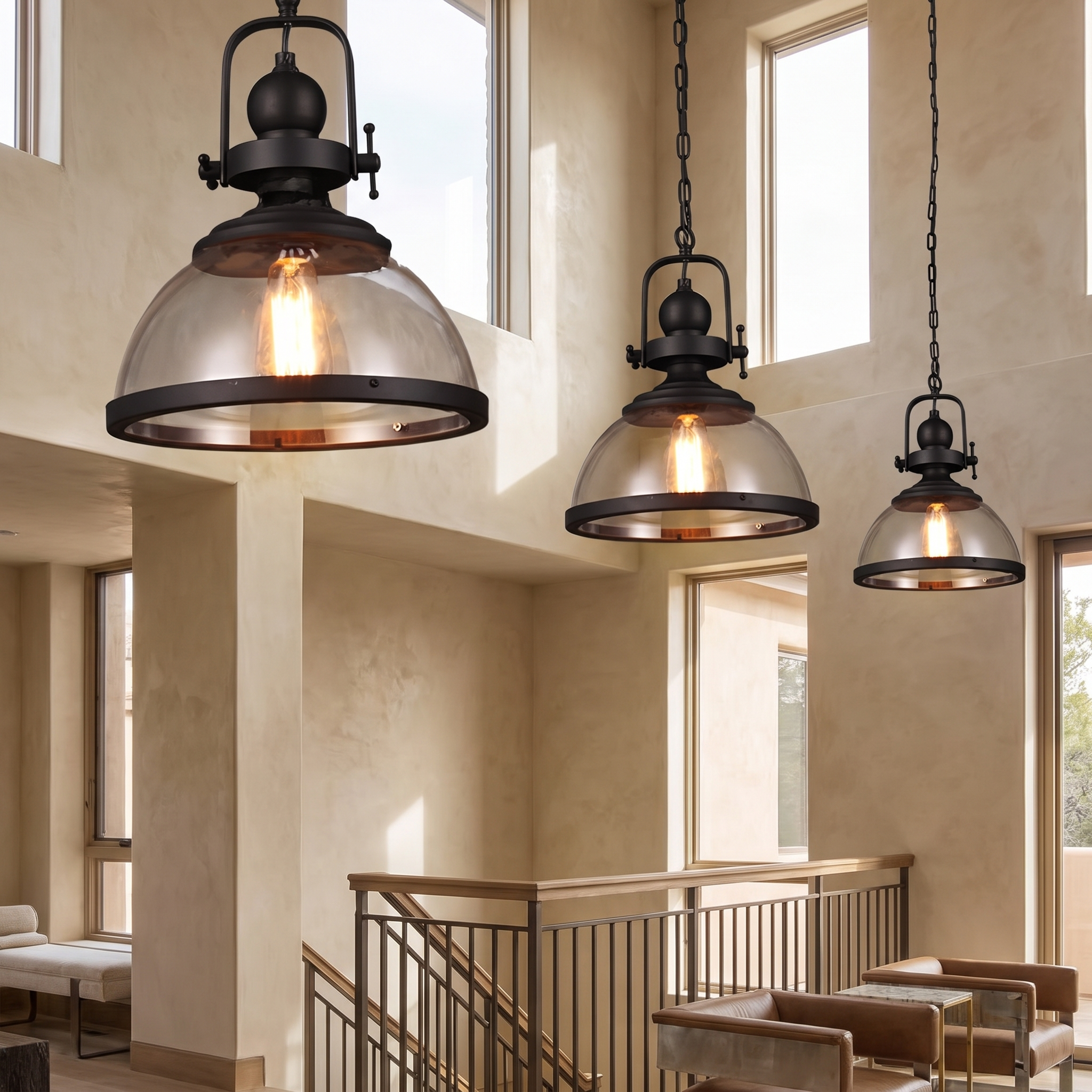 Multiple Kestara glass pendants hanging at staggered heights