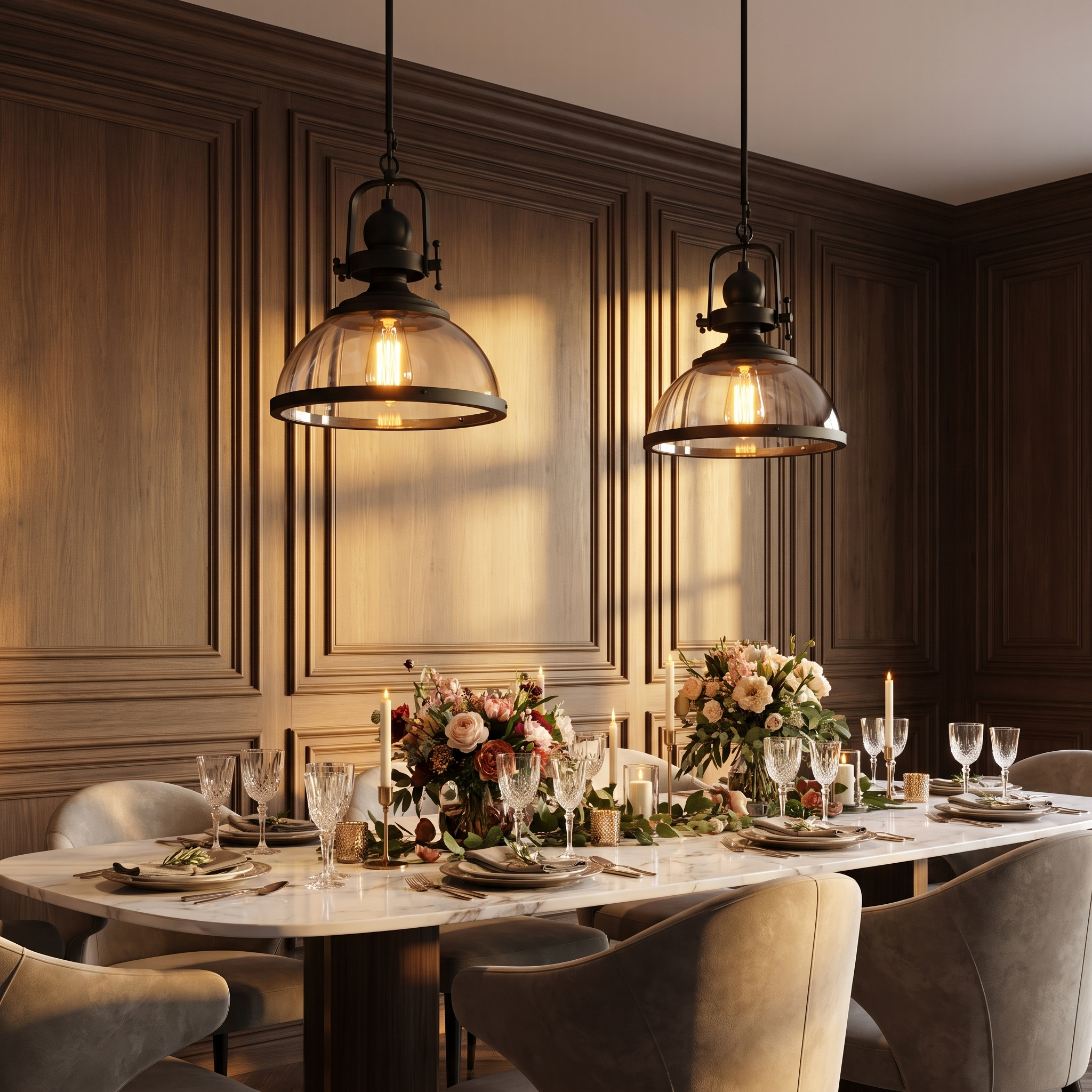 Kestara clear glass pendant lights above a dining table