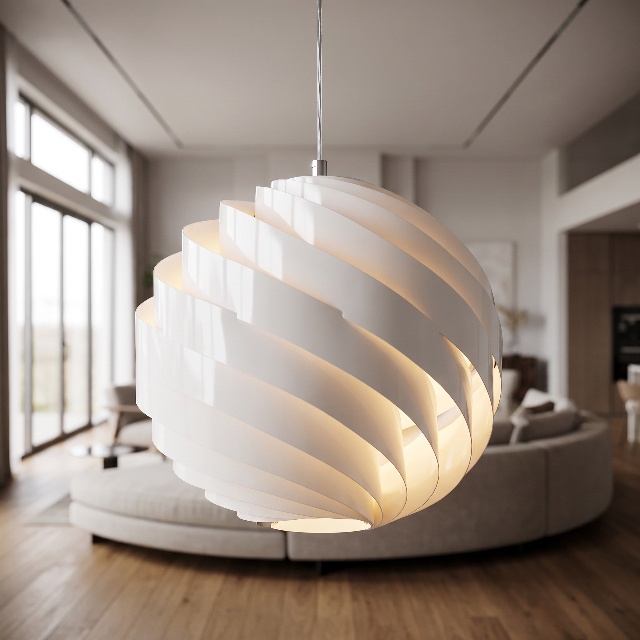 Vortale spiral pendant light in an open-plan home interior