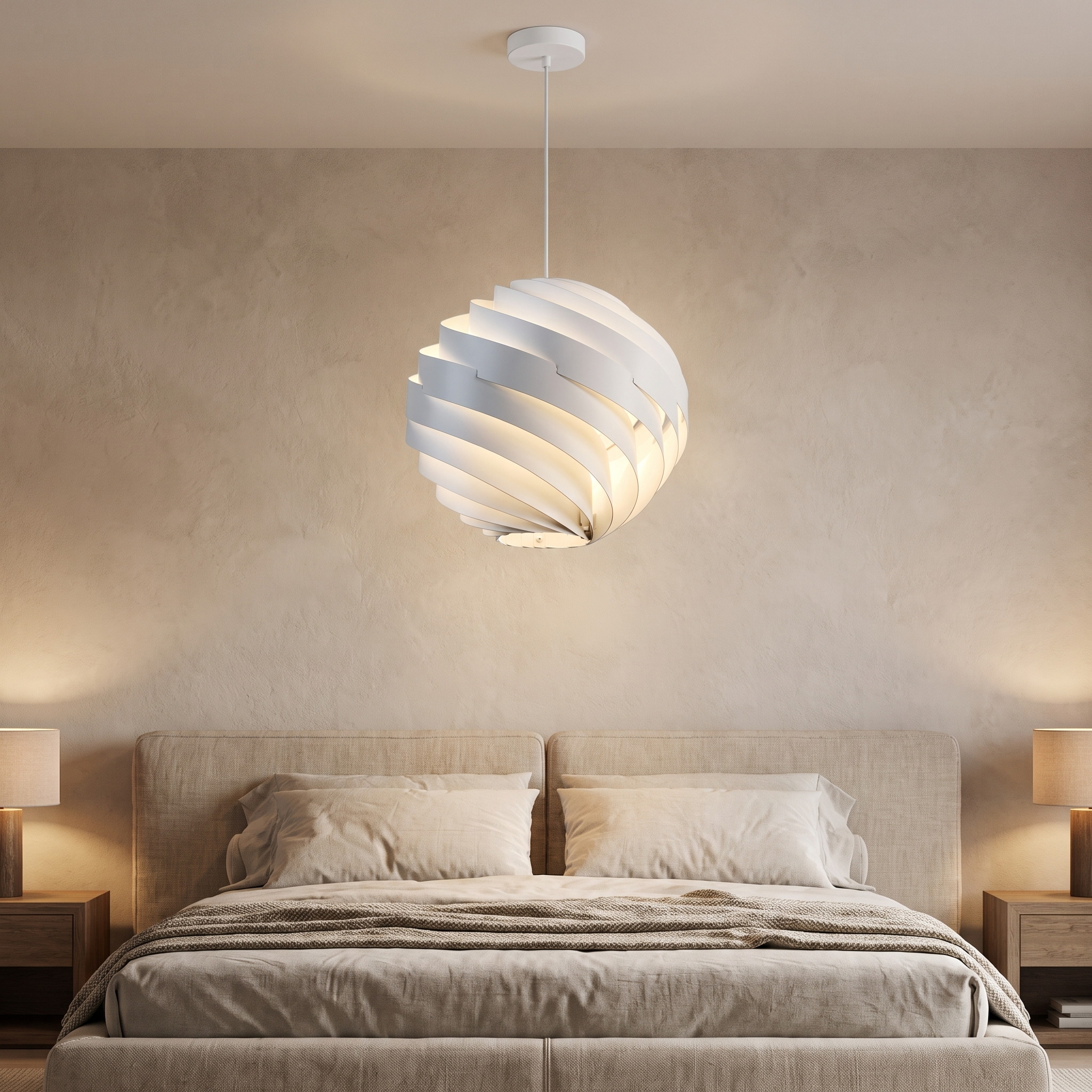 Vortale spiral pendant light in a contemporary bedroom