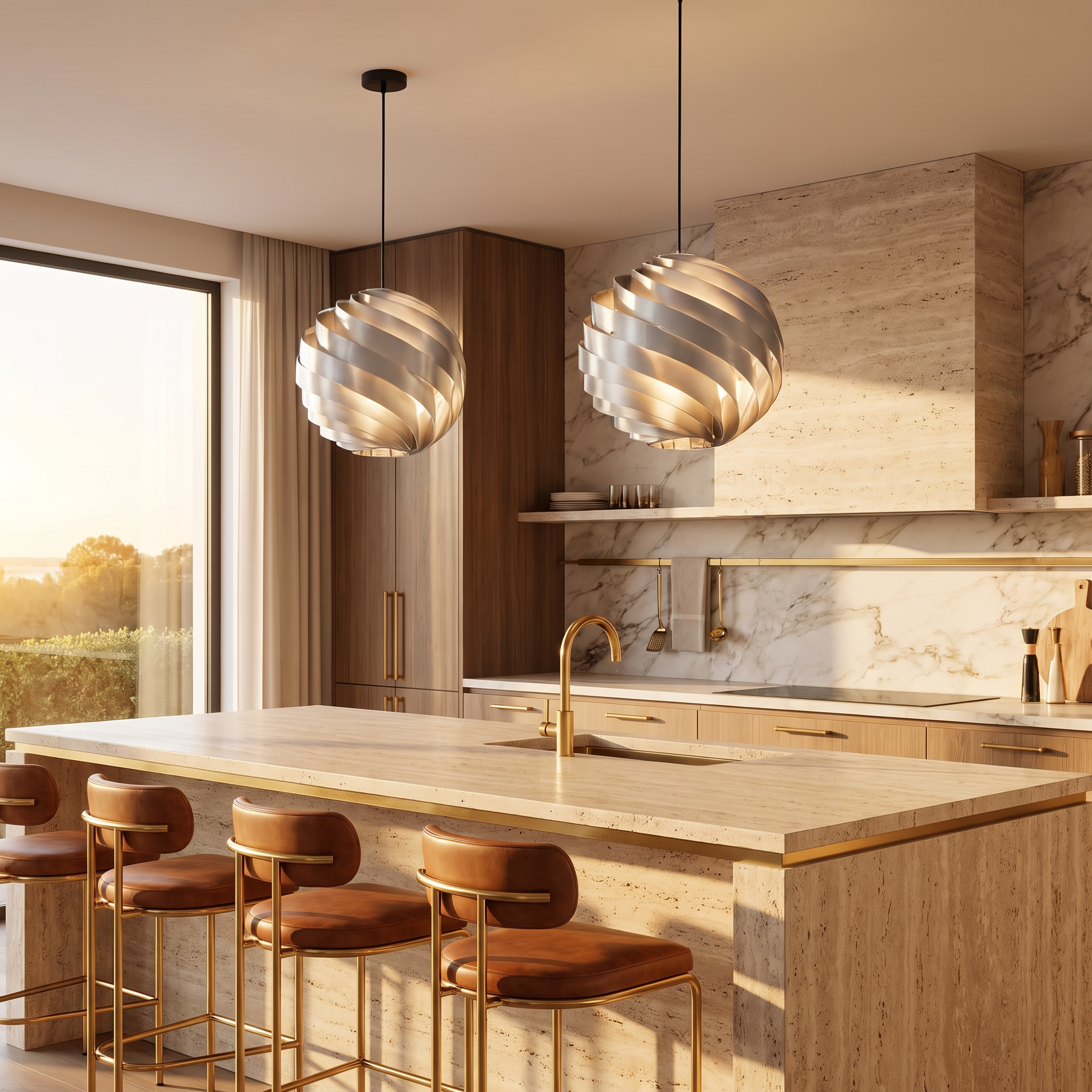 Vortale swirl pendant light above a travertine kitchen island