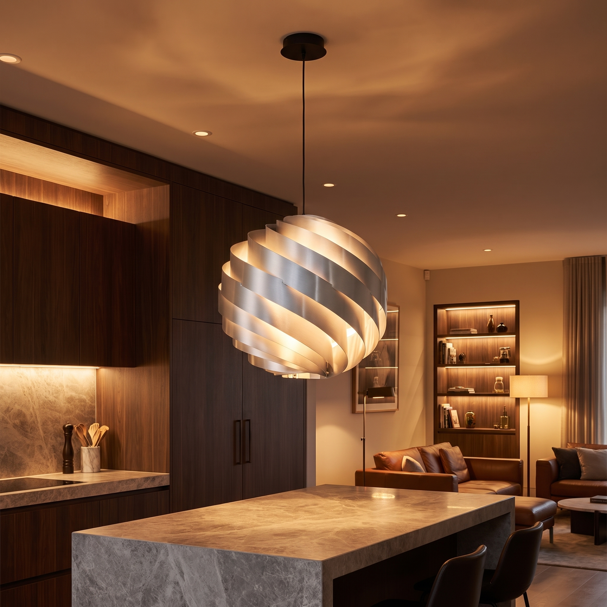 Vortale spiral LED pendant in a kitchen and lounge space