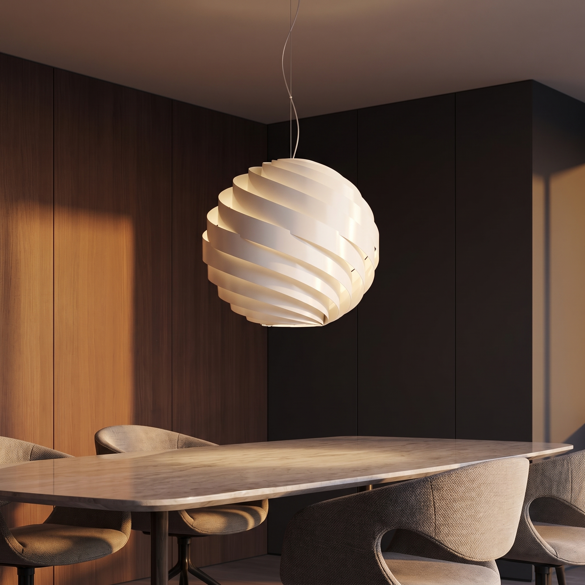 Vortale spiral LED pendant above a luxury dining table