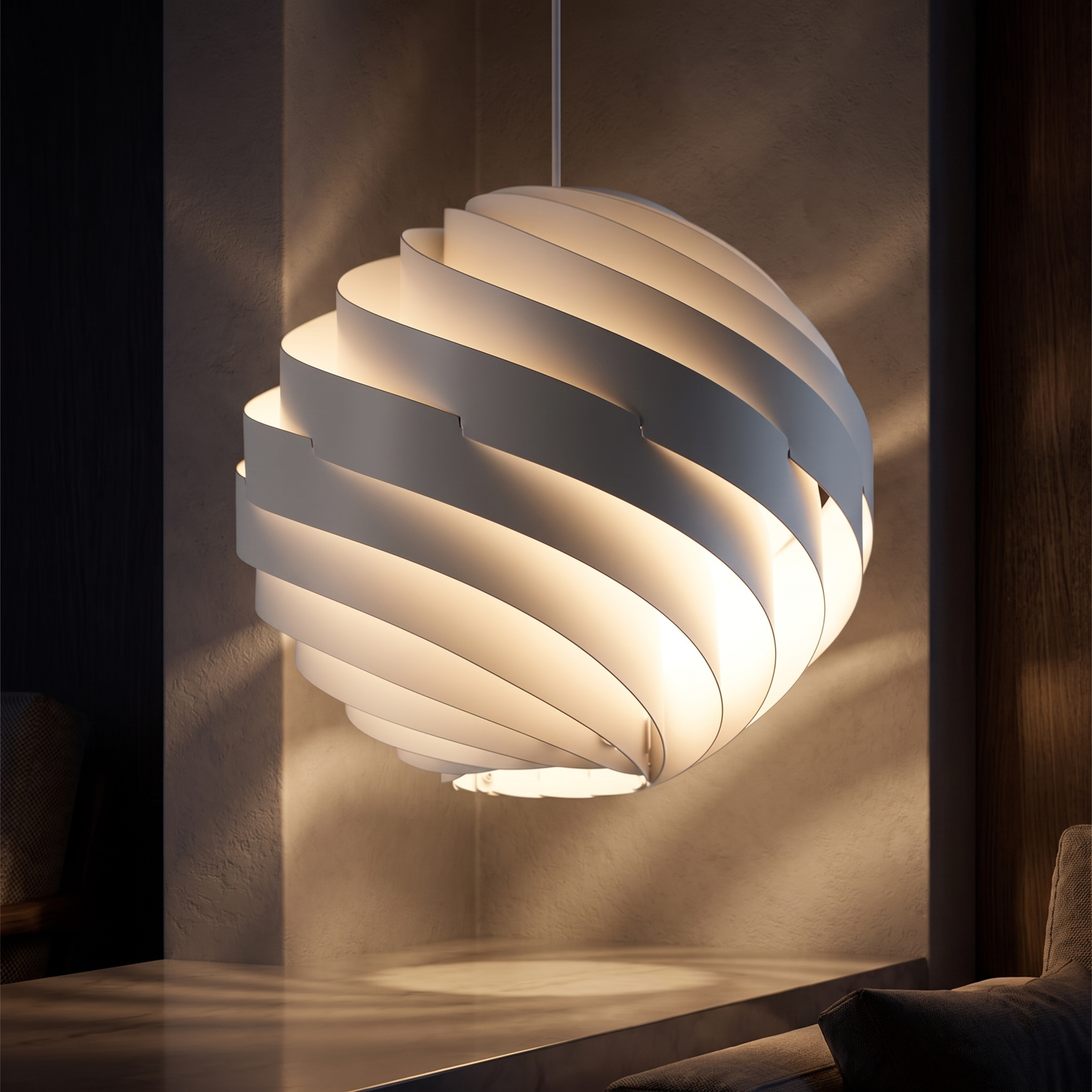 Vortale swirl pendant light casting a soft warm glow at night