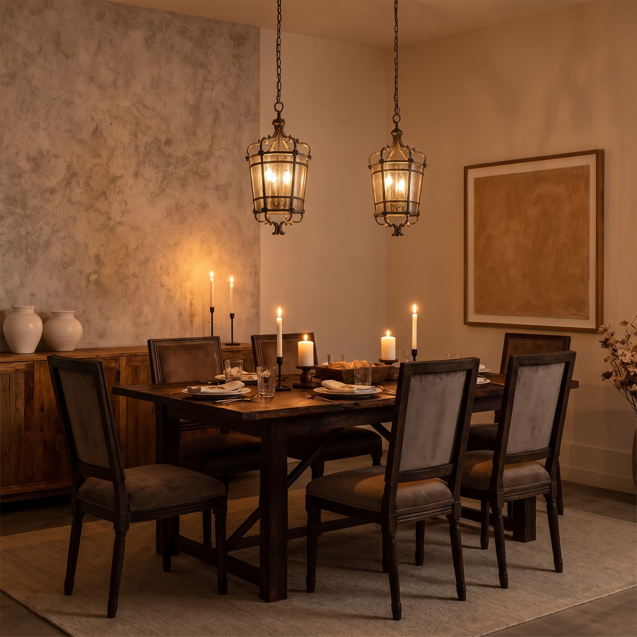 Marcello pendant light above a formal walnut dining table