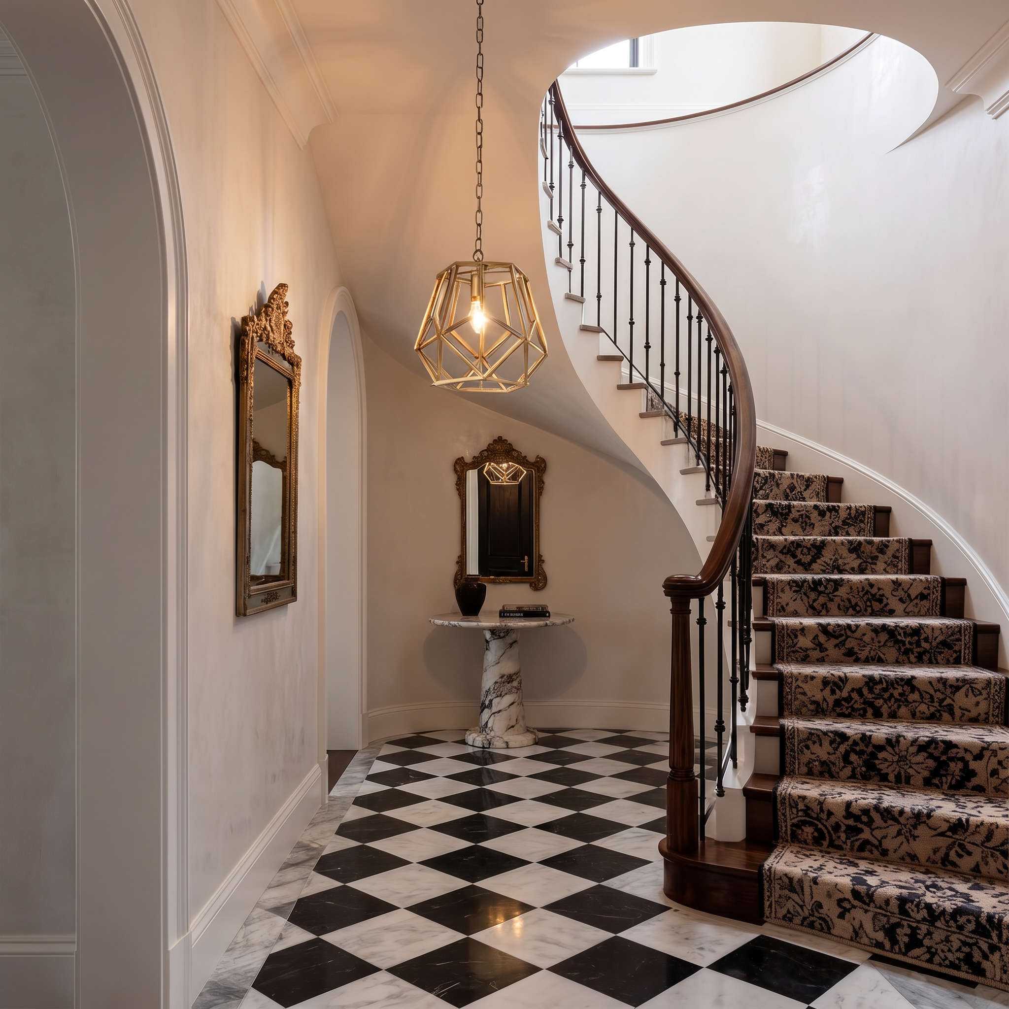 Corvale geometric pendant in a foyer with checkerboard floor