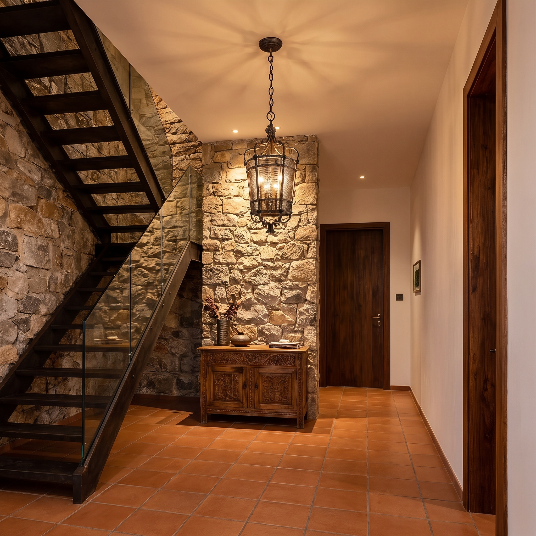 Antique bronze Marcello caged pendant in a stone-walled entryway