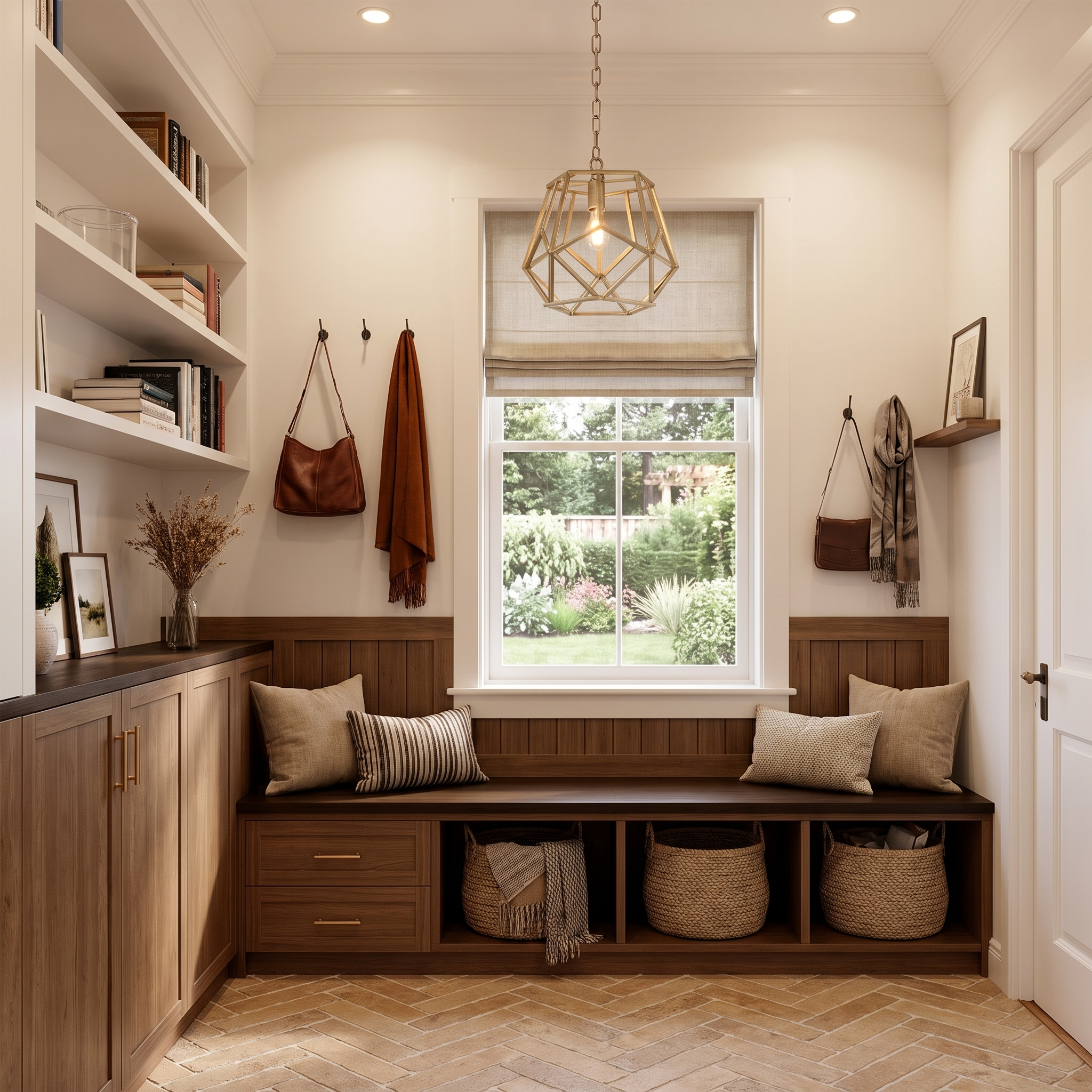 Corvale gold pendant light in a luxury mudroom