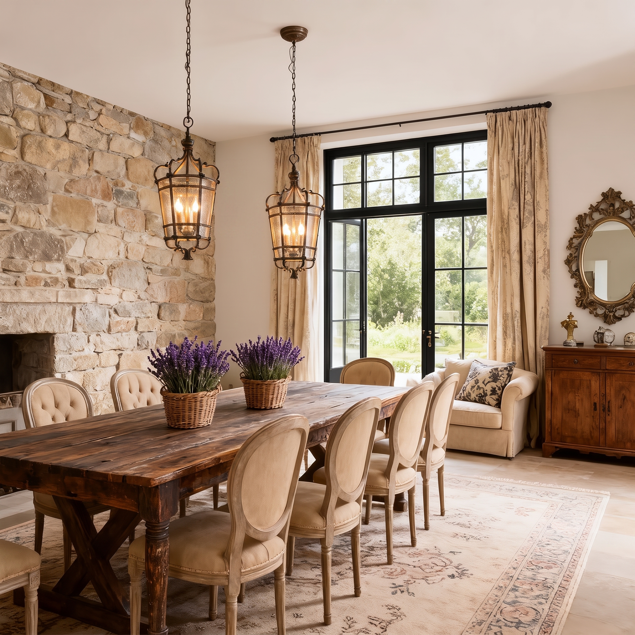 Marcello pendant light above a long table by a stone accent wall