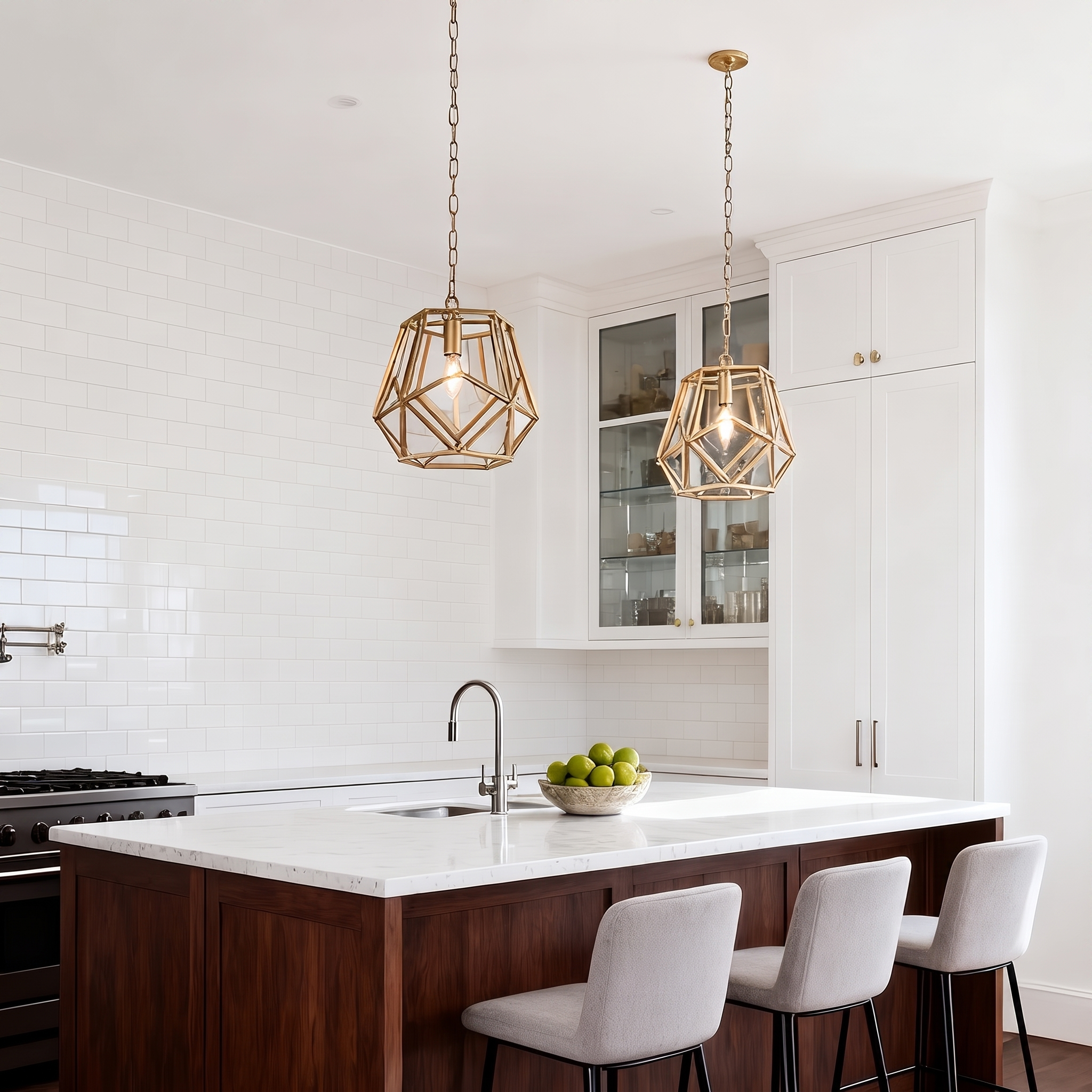 Corvale gold lantern pendant over a white kitchen island