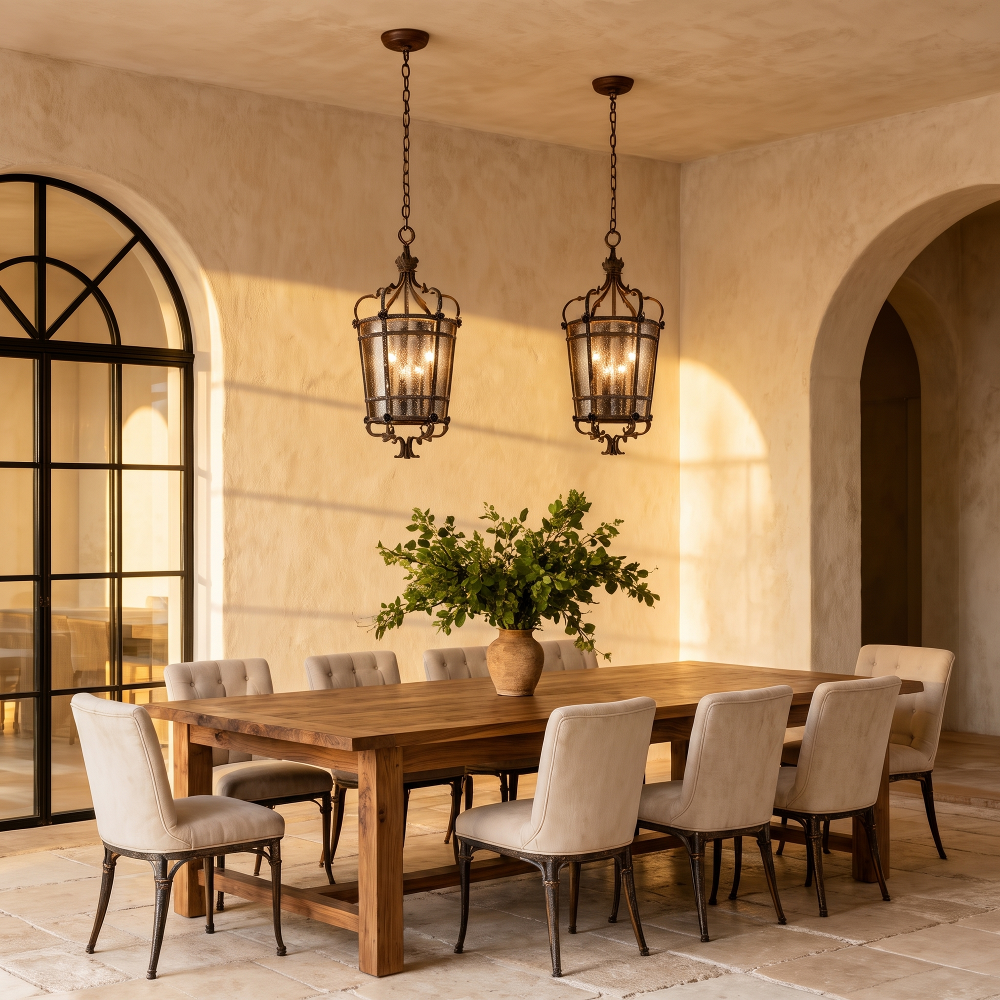 Pair of Marcello bronze lantern pendants in a Mediterranean dining room