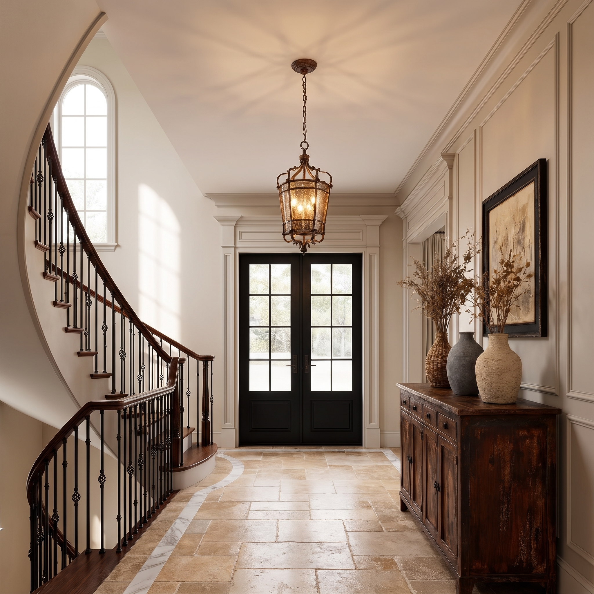 Marcello lantern pendant in an entryway with a sweeping staircase