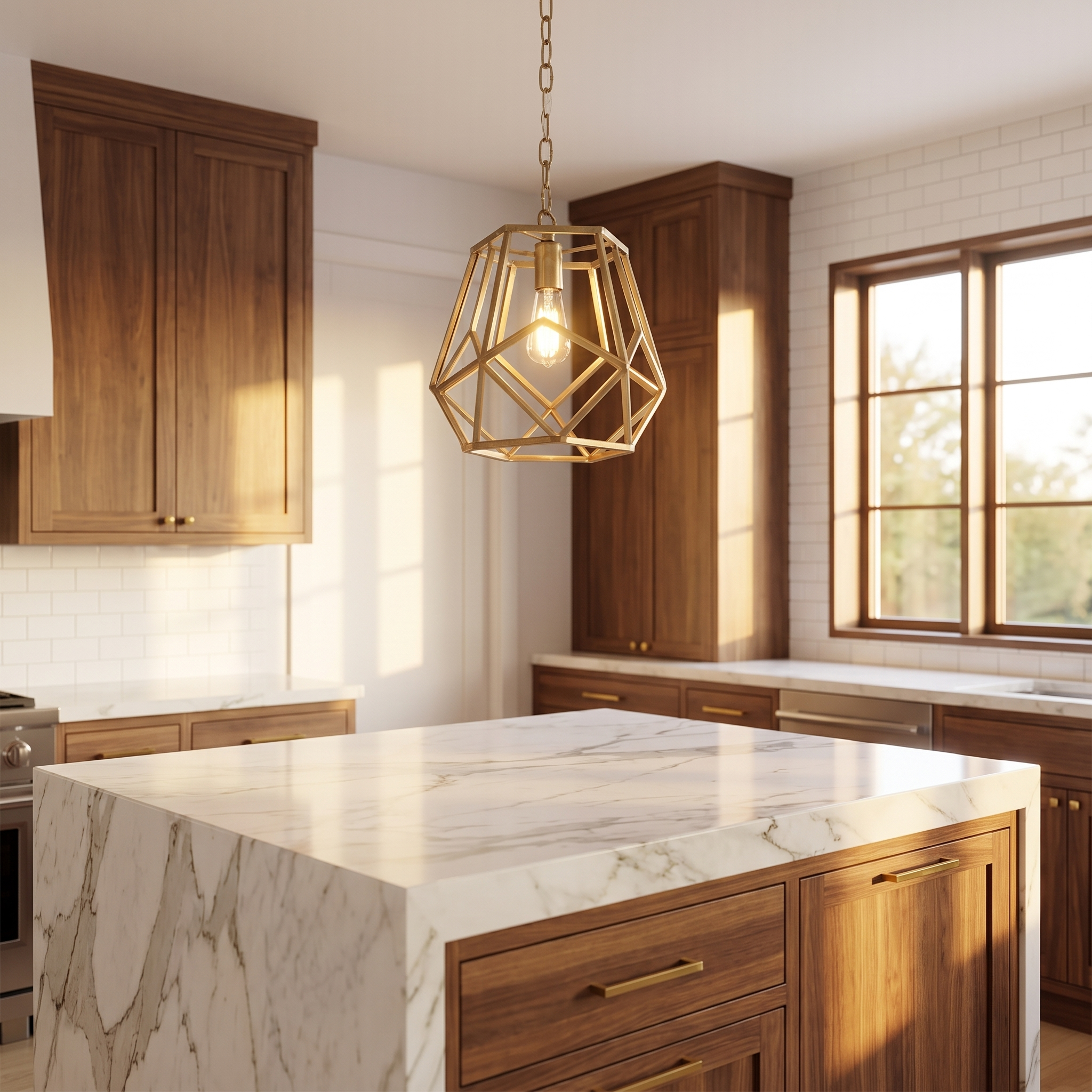 Small brass Corvale cage pendant over a marble kitchen island