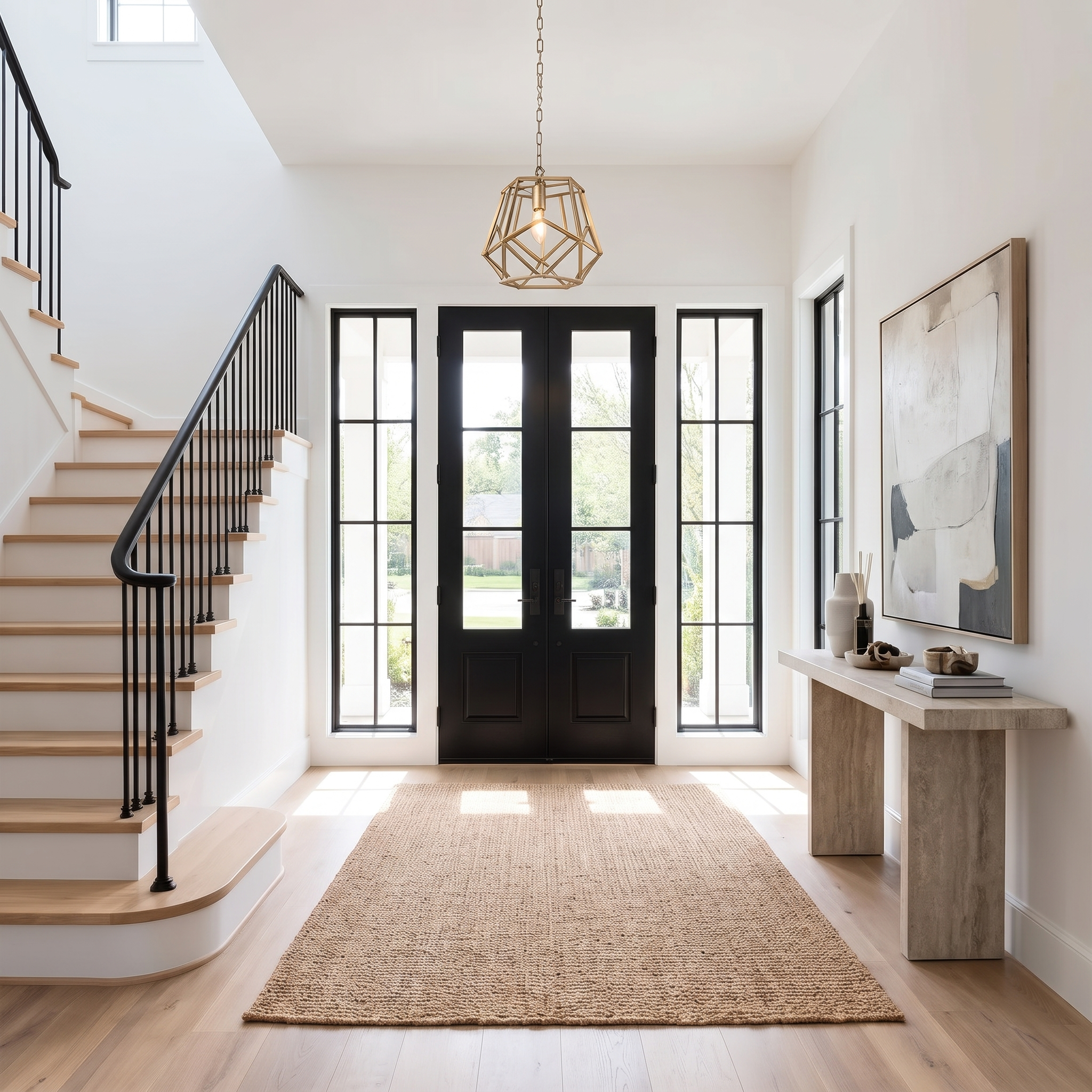 Corvale gold pendant in a spacious entryway with black doors