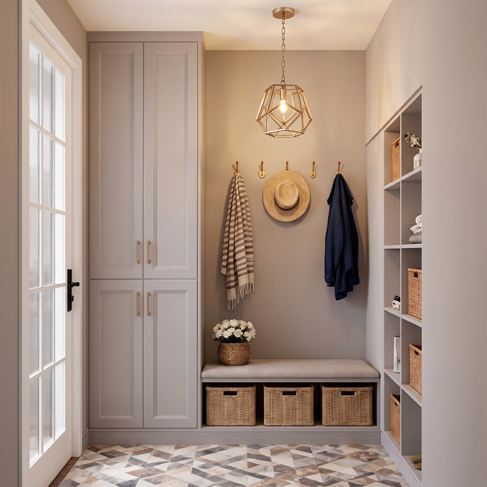 Corvale gold pendant lighting a mudroom bench area