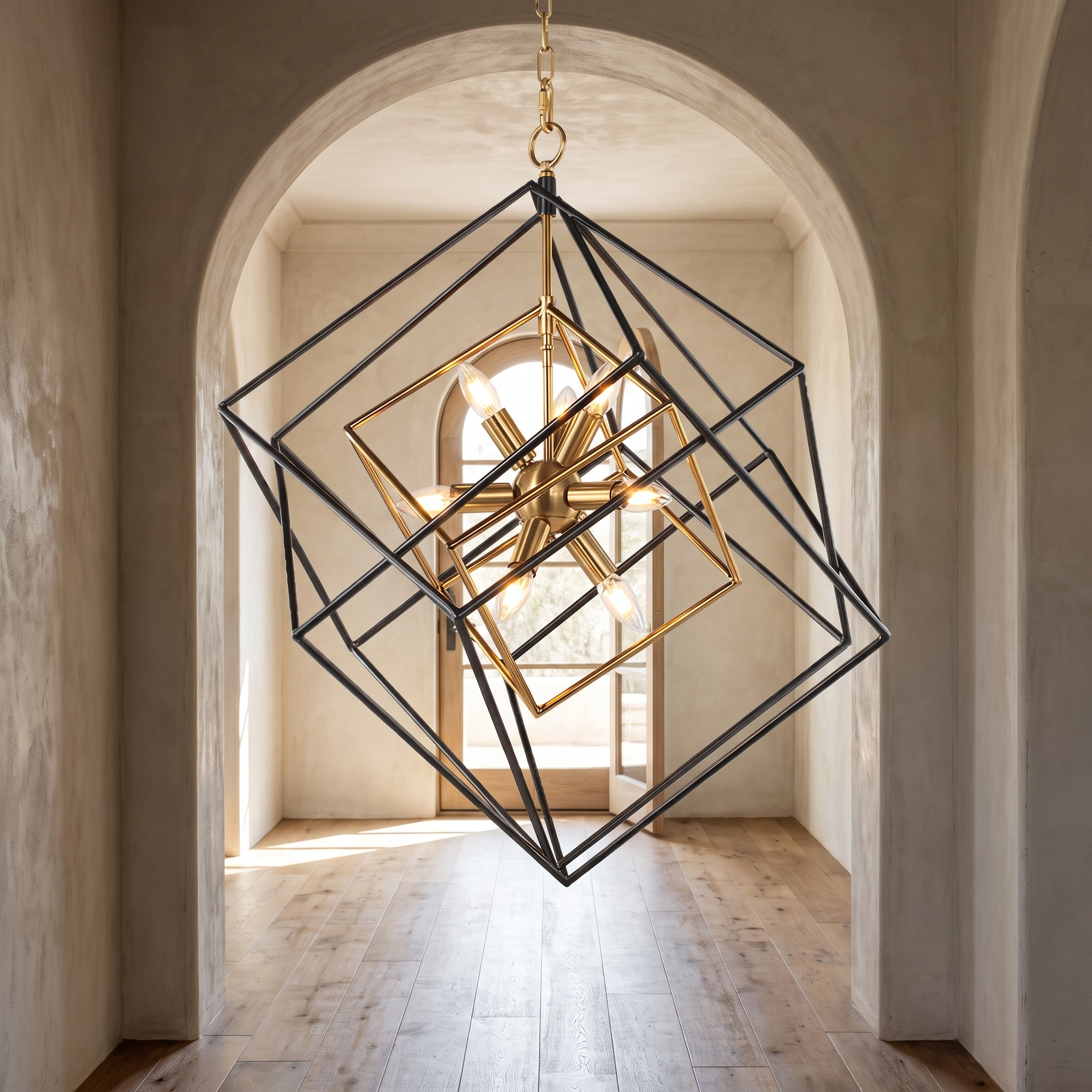 Nested Ferrostell square pendant in an arched entryway