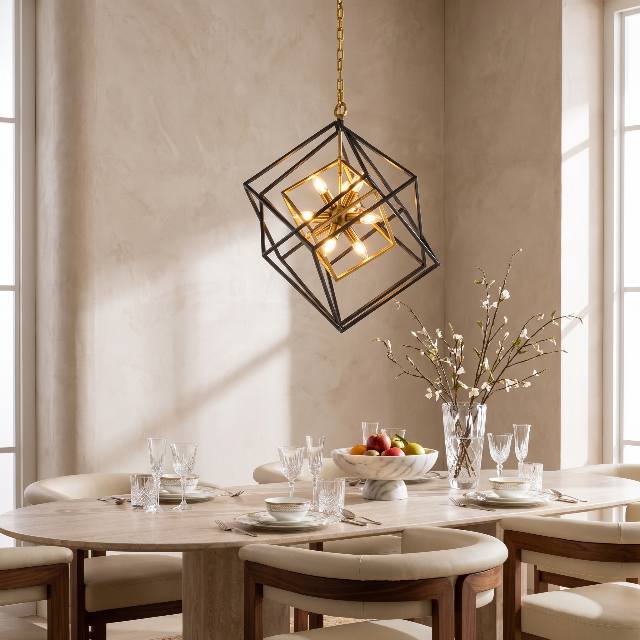 Nested Ferrostell square pendant above an oval dining table