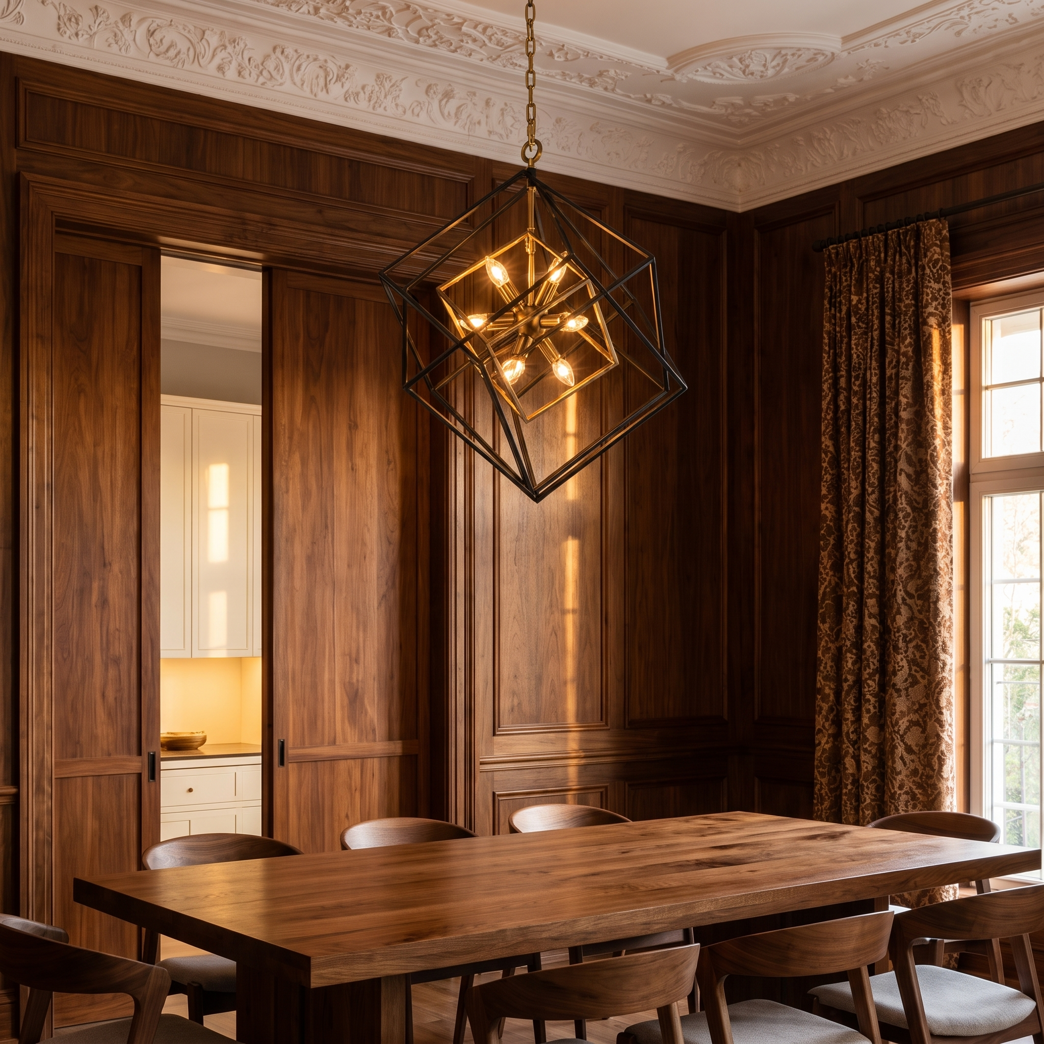 Ferrostell square cage pendant light in a luxury oak dining room