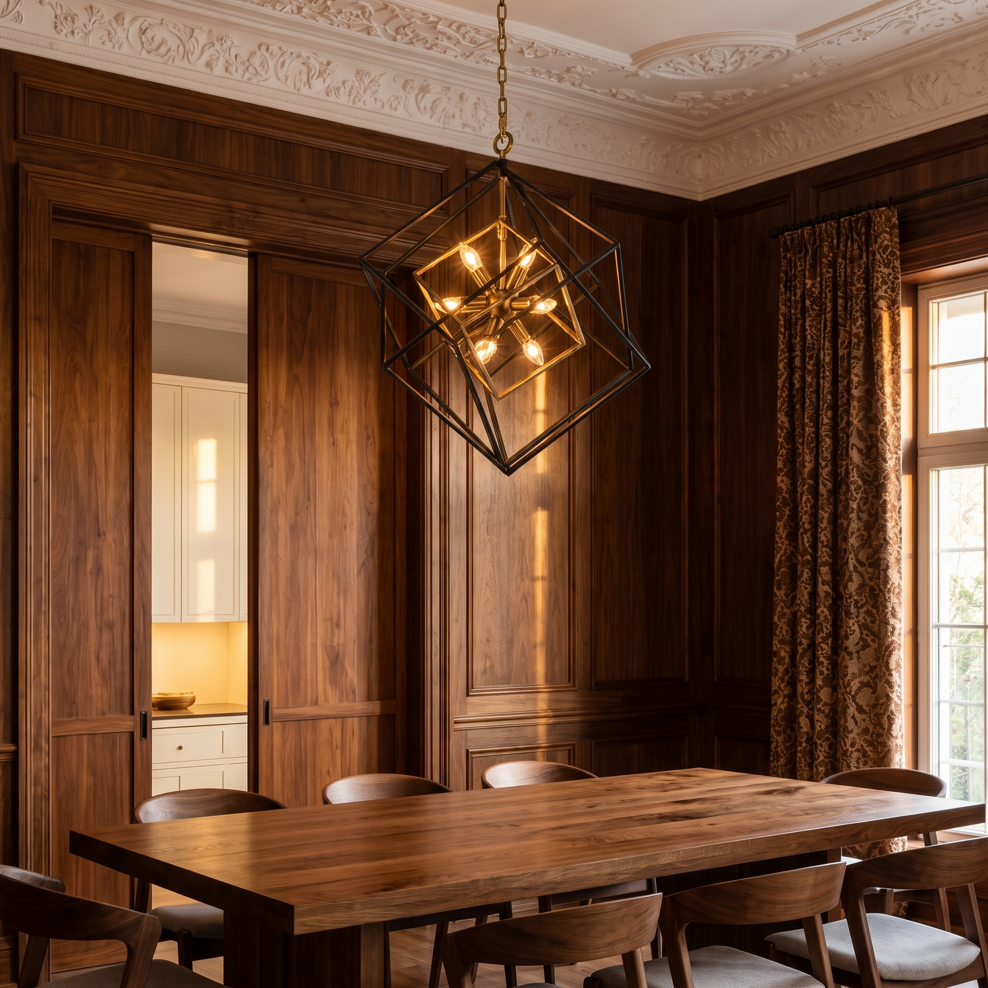 Ferrostell square cage pendant light in a luxury oak dining room