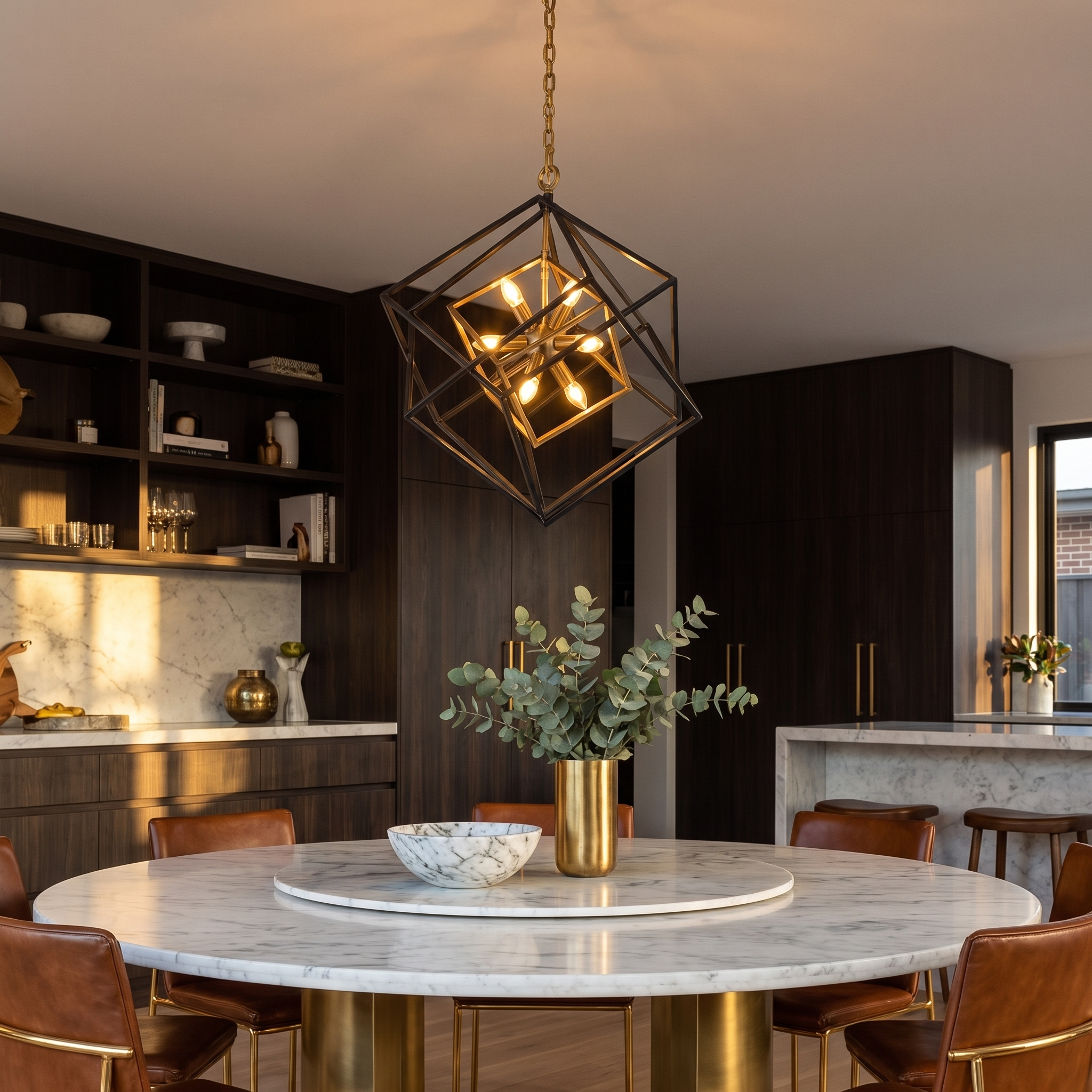 Black and brass Ferrostell pendant over a round marble table