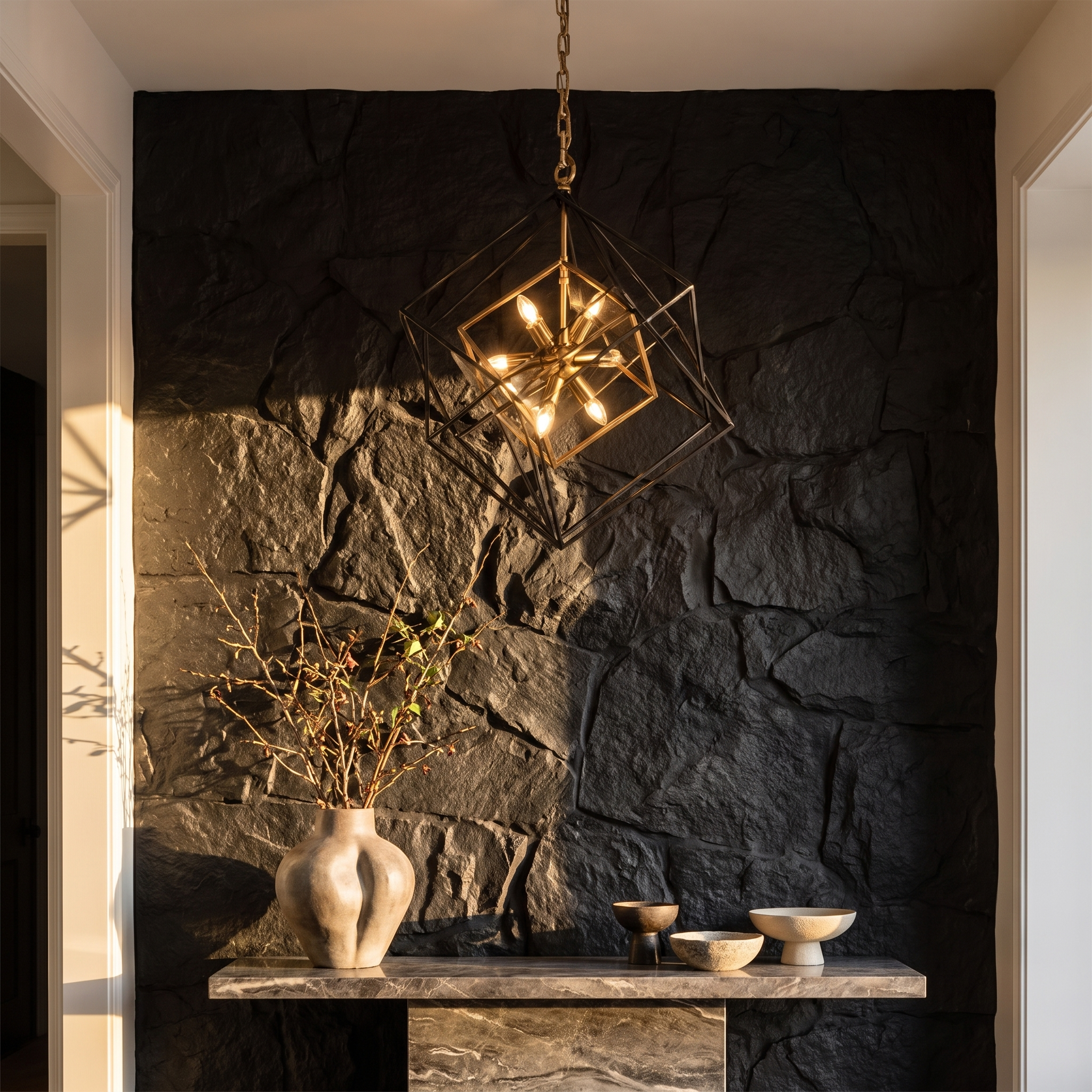 Ferrostell square pendant against a textured entryway wall