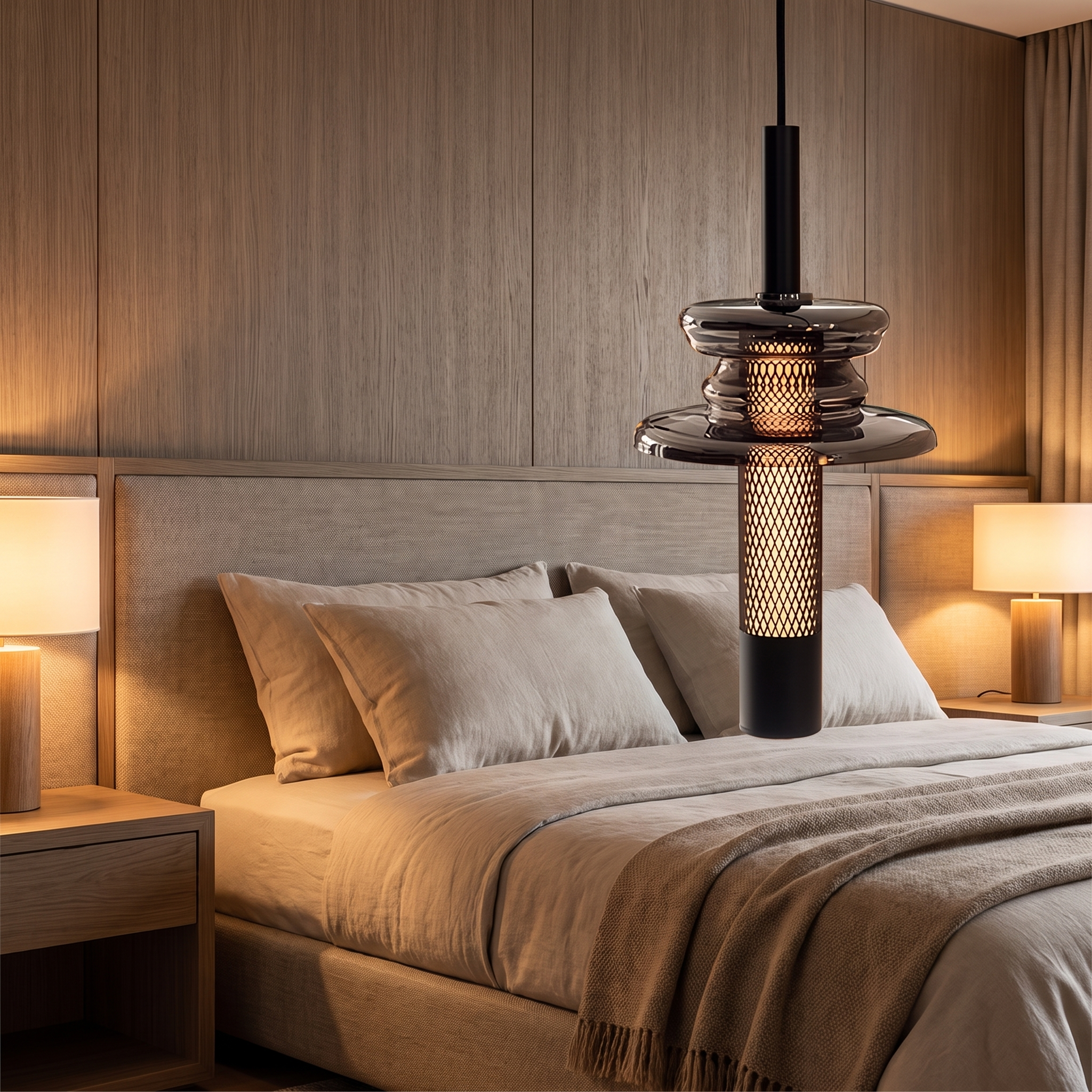 Solvane glass pendant lights in a luxury bedroom
