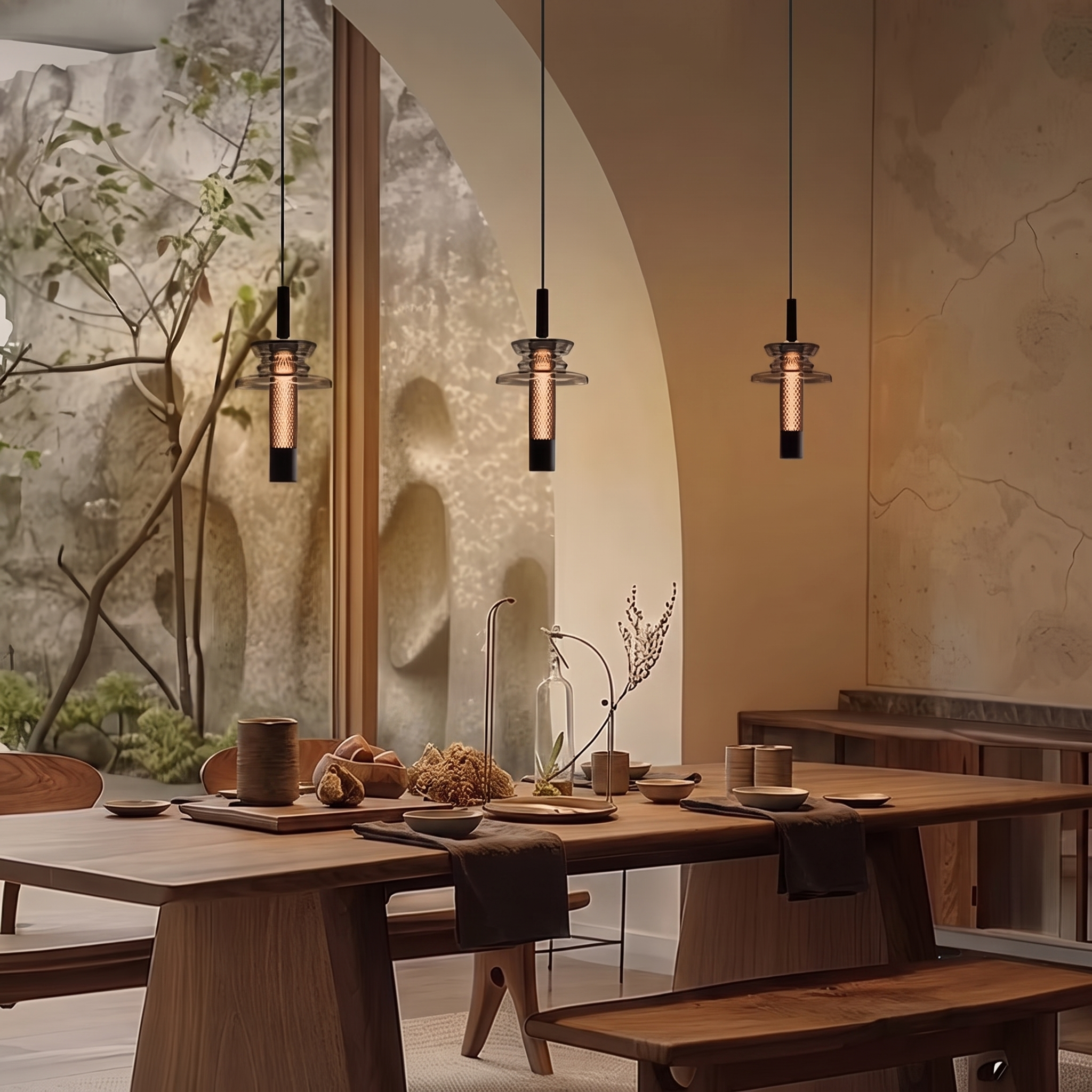 Solvane glass pendants above a rustic-modern dining table